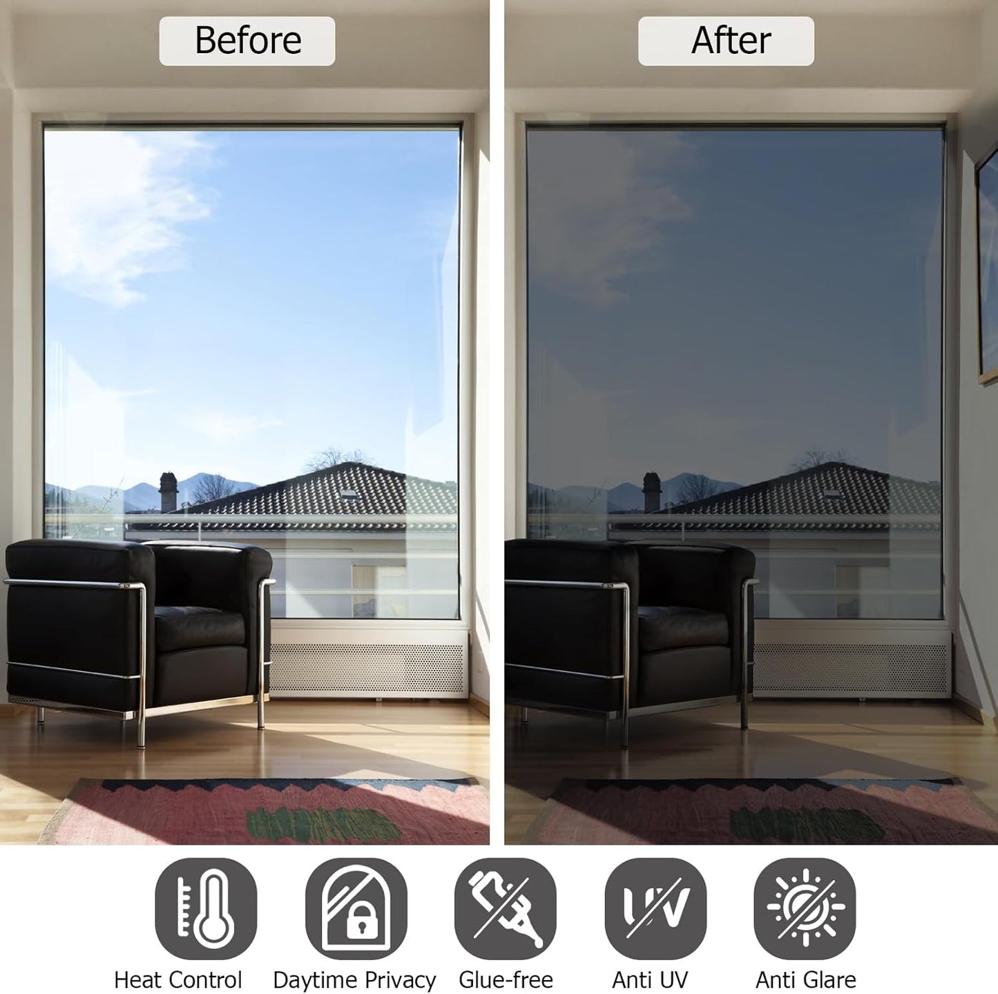 HIDBEA One Way Window Film, Daytime Privacy Sun Blocking Reflective Window Film No Glue Static Cling Heat Control Window Tinting Film for Home and Office, Black Silver, 45.3 x 78.7 Inch