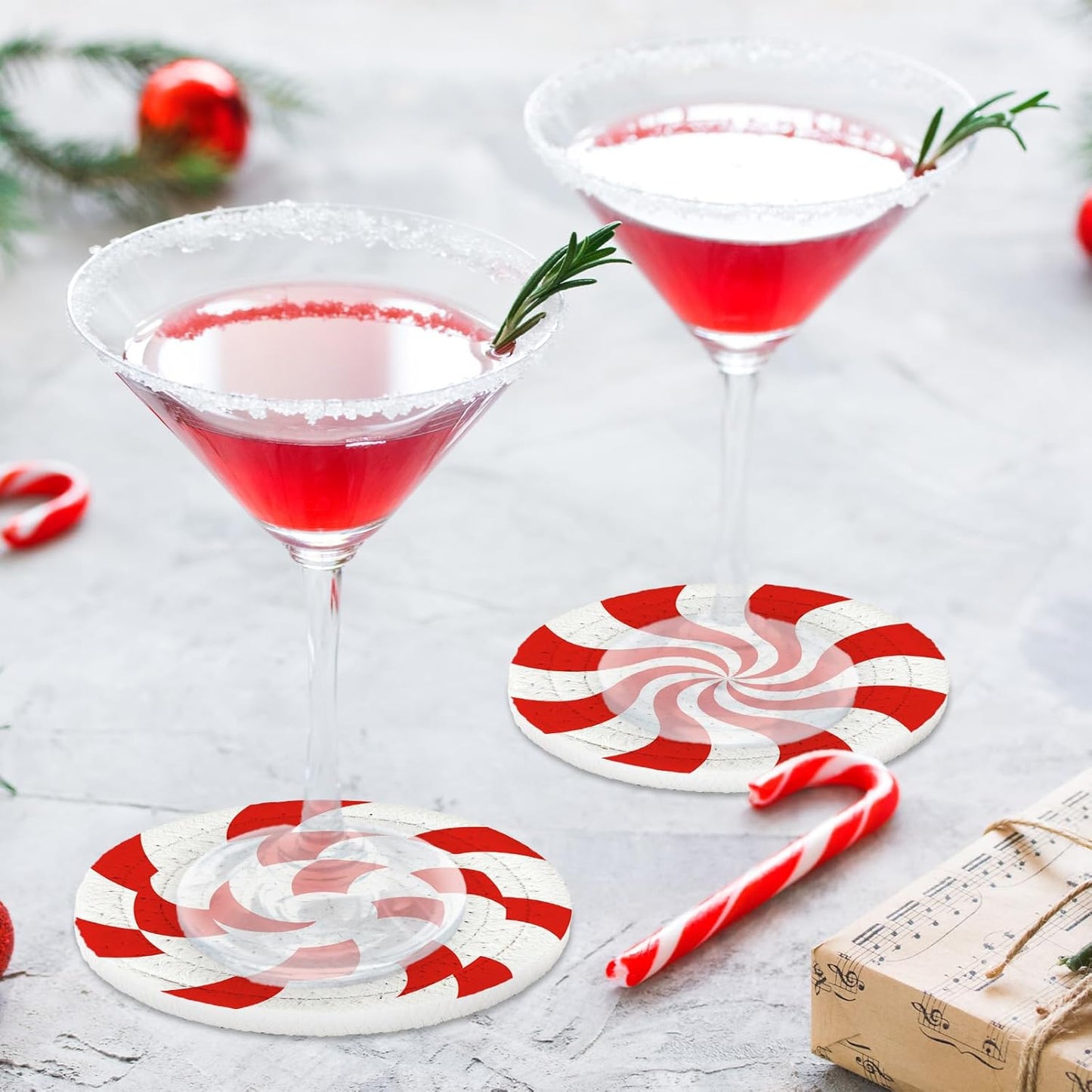 Whaline Christmas Candy Cotton Coasters Red White Peppermint Handmade Braided Drink Coasters Absorbent Cup Mats for Xmas Holiday Party Home Table Decor, Set of 4