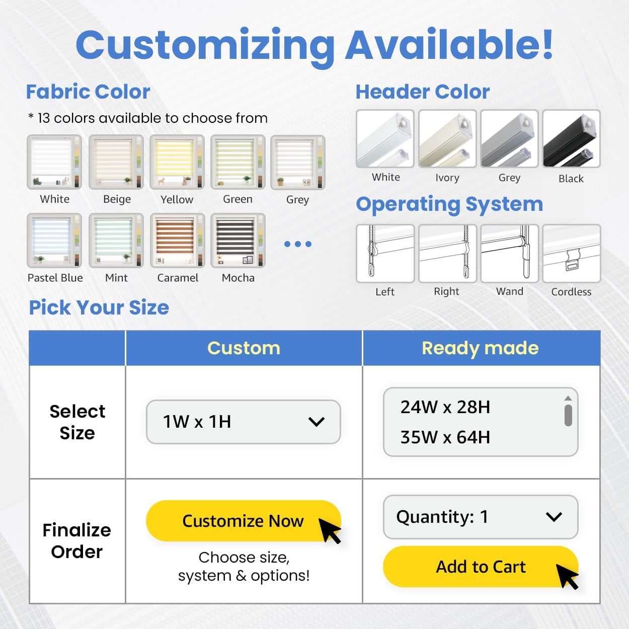 Foiresoft Standard Custom Zebra Roller Blinds for Windows [W10–105 x H10–115 Inch, Yellow, Basic], Light Filtering Dual Layer Shades for Bedroom, Living Room, Office, 13 Colors