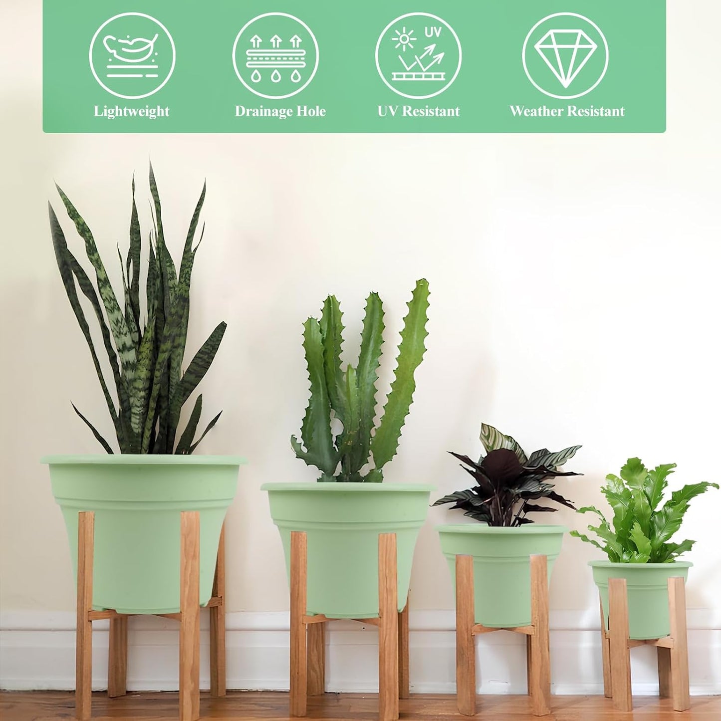 8 Inch Plastic-Flower Pot-for-Indoor Plants, 4 Pack Large Outdoor Planter Pot with Drainage Holes & Saucers, Resin Decorative Garden Pots Planters