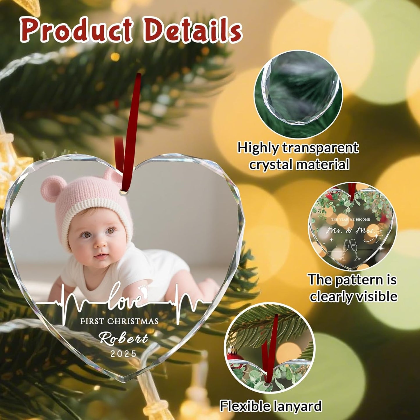 Custom Christmas Ornament Glass-Personalized Christmas Ornaments with Photo/Name/Date/Text,Wedding Christmas Birthday Baby Gifts (Color 4)