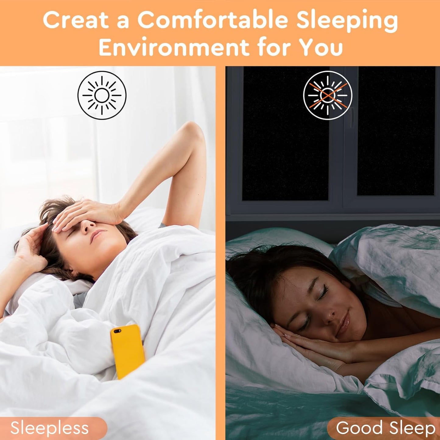 Kromapolis Blackout Window Privacy Film Total Light Blocking Room Darkening Window Covering, Removable Static Cling Frosted Glass Tint, Non-Adhesive, Black 45.2'' x 157.4''