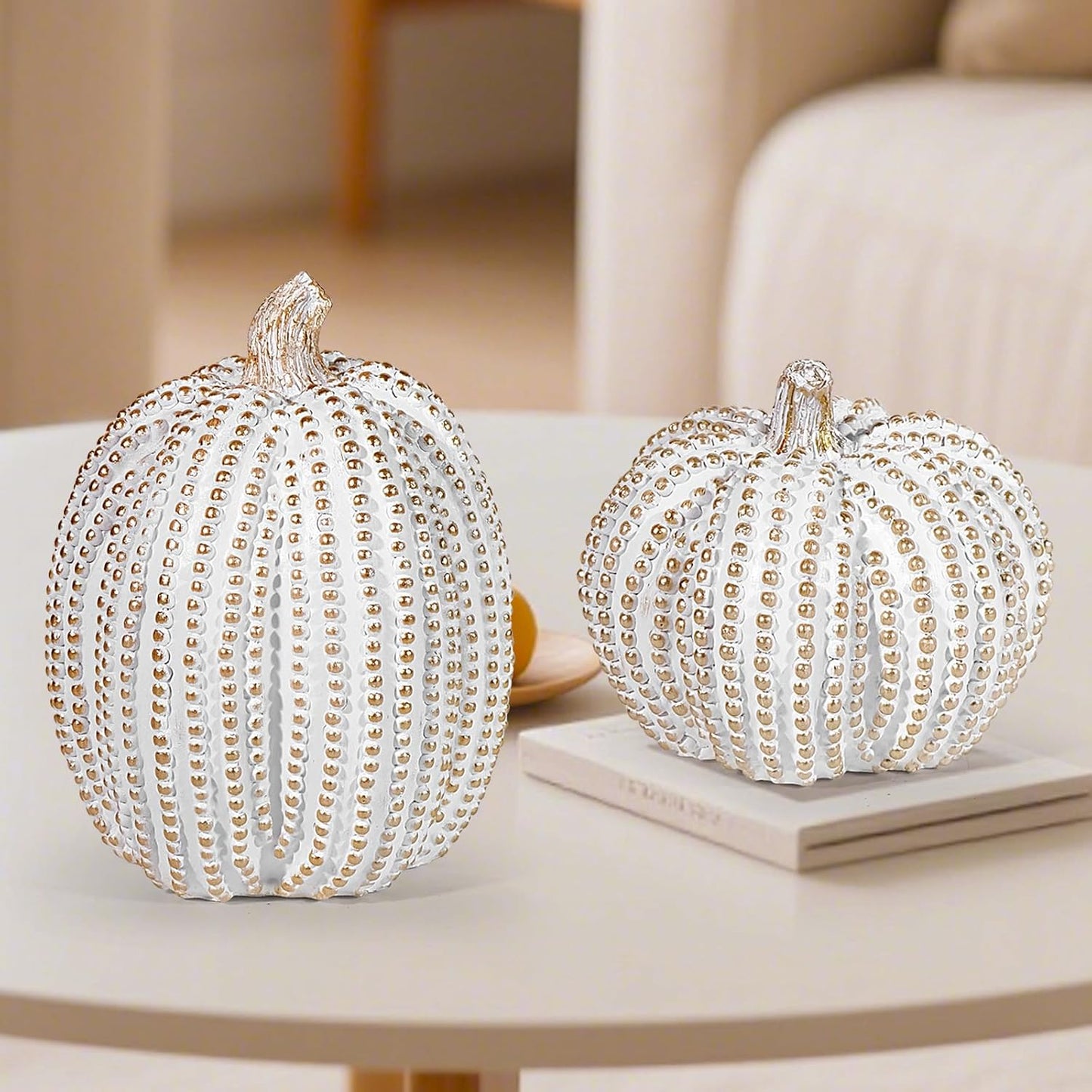 2Pcs Halloween Pumpkin Artificial Resin Pumpkins Decor for Mantel Harvest Autumn Tabletop Decoration Gold Fall Pumpkin Decorations Thanksgiving Table Centerpieces (Set A, ONE Size)