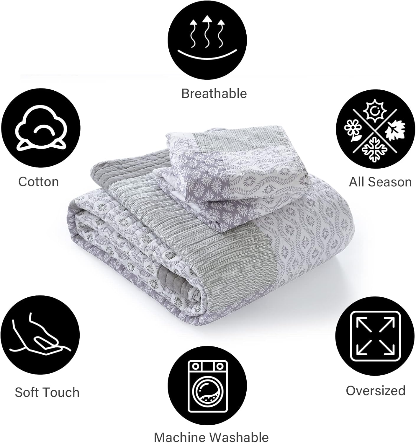 PANGUSHAN Quilt Set Queen Size, 100% Cotton Bedspread Quilt Bedding Set, Patchwork Reversible Floral Quilt for Queen Bed, Purple/Grey/White Bed Spread, Lightweight Comforter for All Season, 3 Pieces