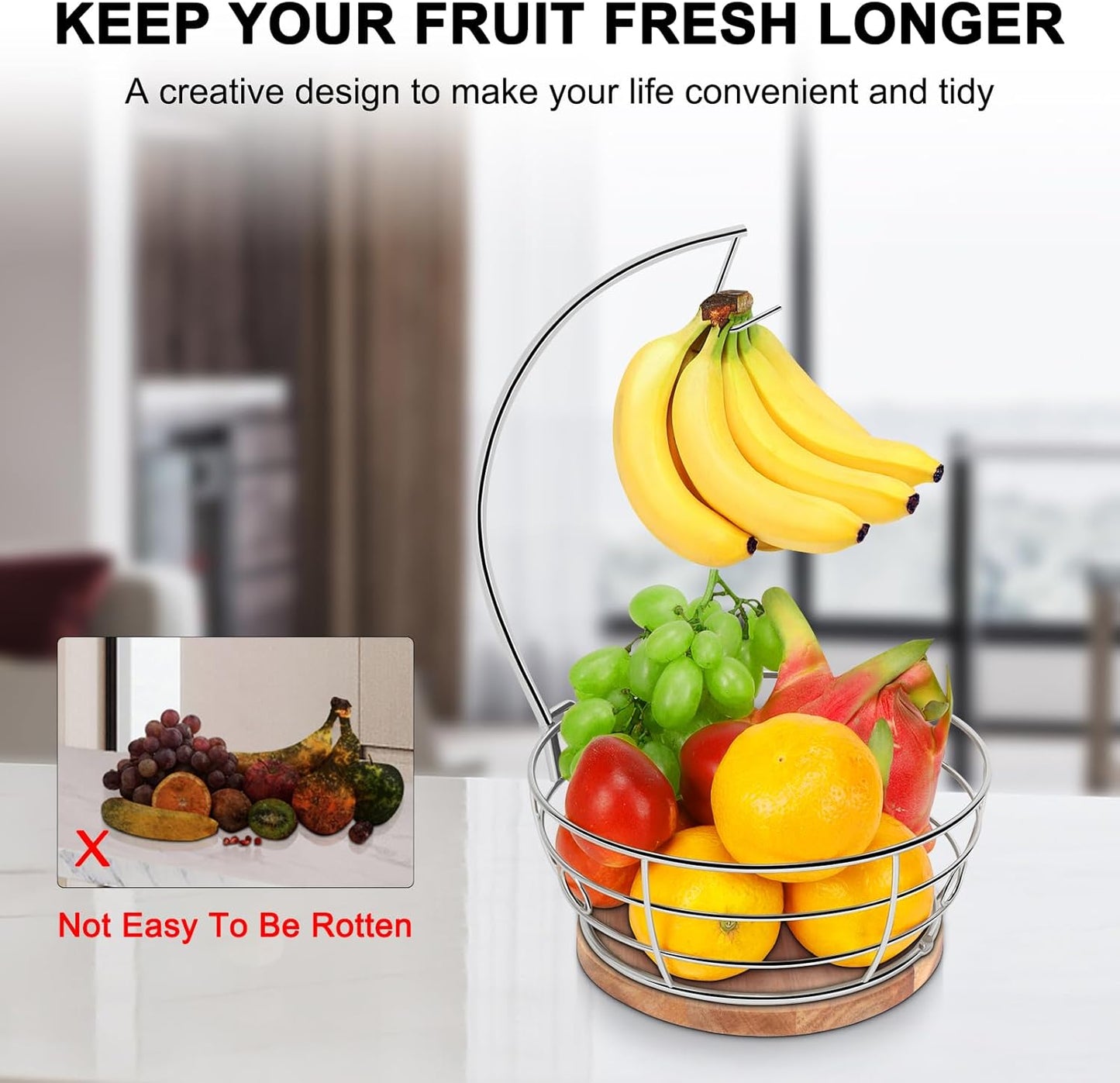 Livabber Countertop Fruit Basket Bowl with Banana Hanger, Modern Standing Fruit Vegetable Bowl Storage, with Banana Tree Holder for Kitchen Dinning Table (Round Wood, Chrome)