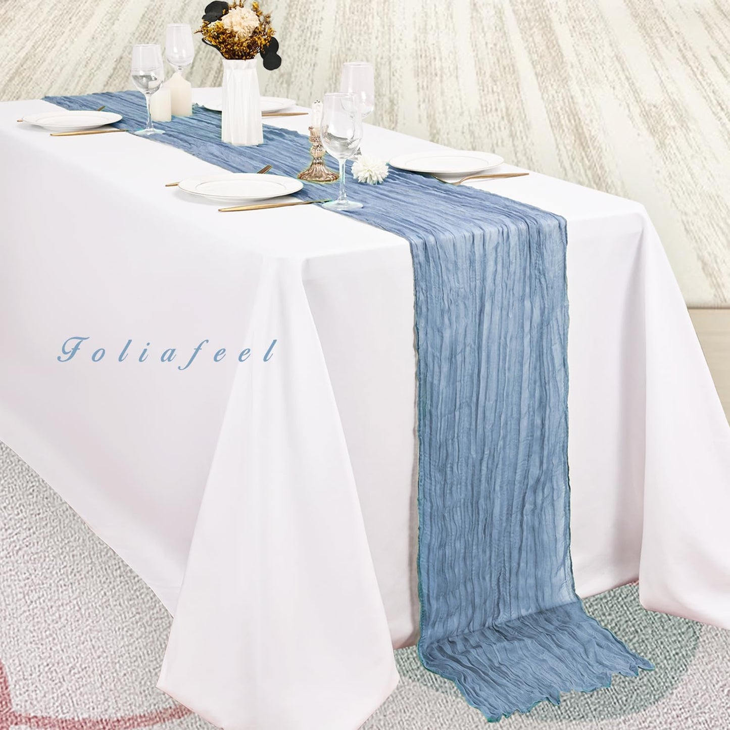 12 Pack Dusty Blue 10FT Cheesecloth Table Runner Rustic Gauze Fabric Cheese Cloth Table Runner for Wedding Bridal Baby Shower Table Decor 20 x 120 Inch Long Boho Sheer Birthday Party Table Decorations