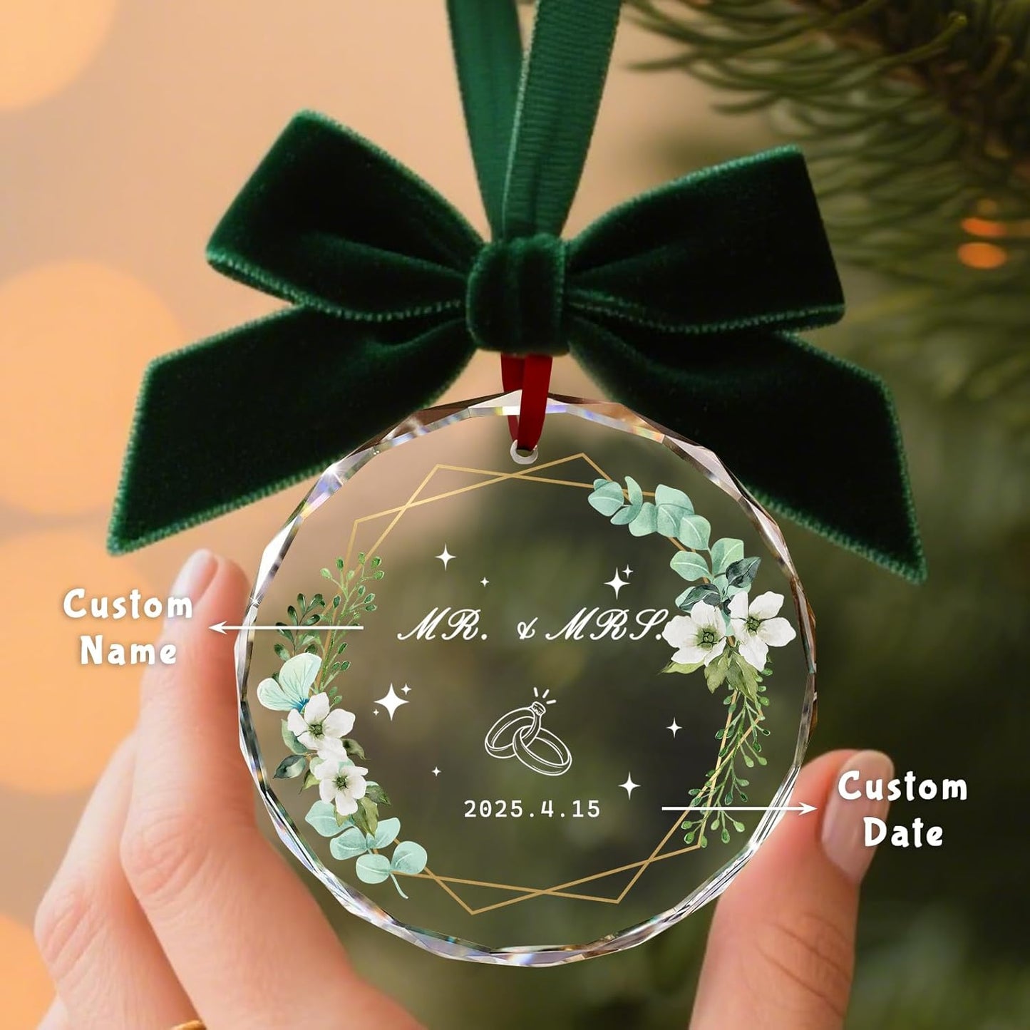 Custom Christmas Ornament Glass-Personalized Christmas Ornaments with Photo/Name/Date/Text,Wedding Christmas Birthday Baby Gifts (Color 2)