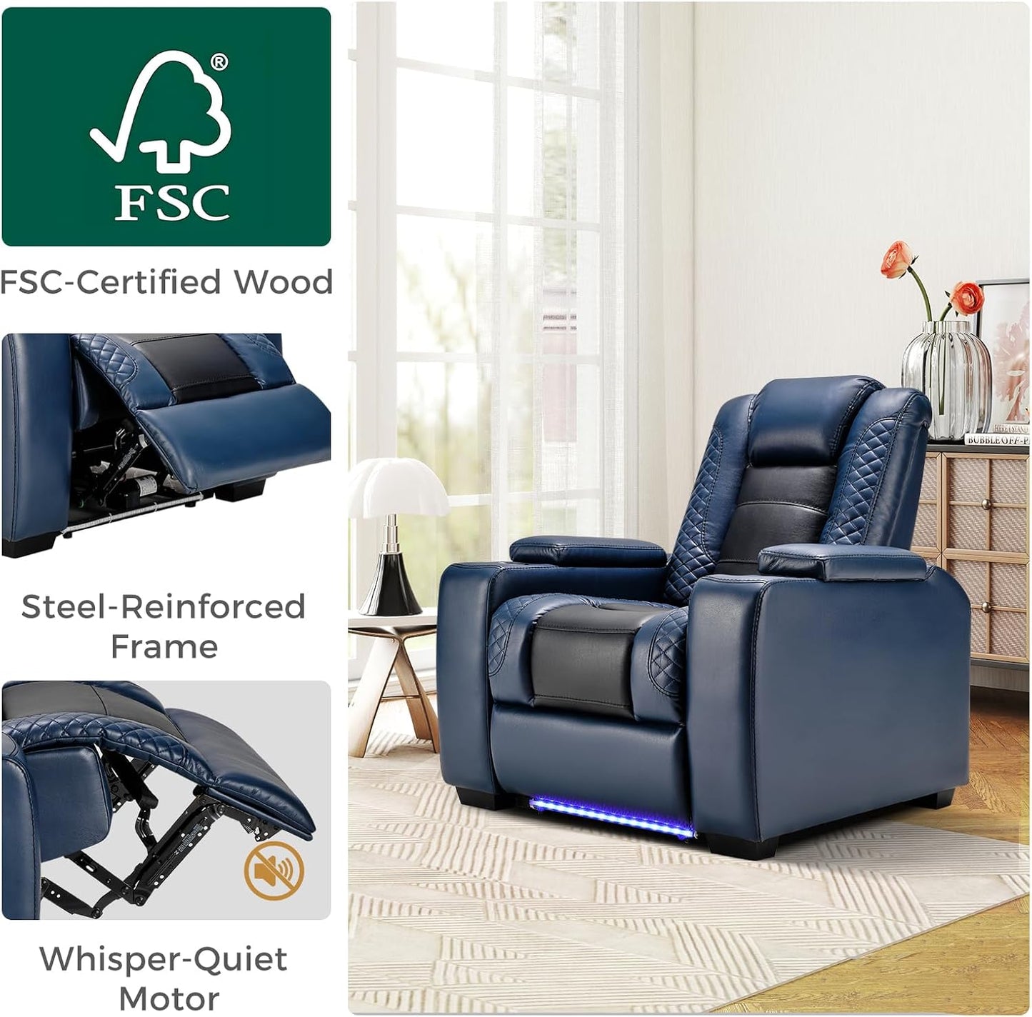 ANJ Power Home Theater Seating, PU Leather Electric Recliner Chair with Powered Headrest, Dual Motors Movie Reclining Chairs with LED Lights,USB Port, Cup Holders, Hidden Arm Storage (Blue & Black)