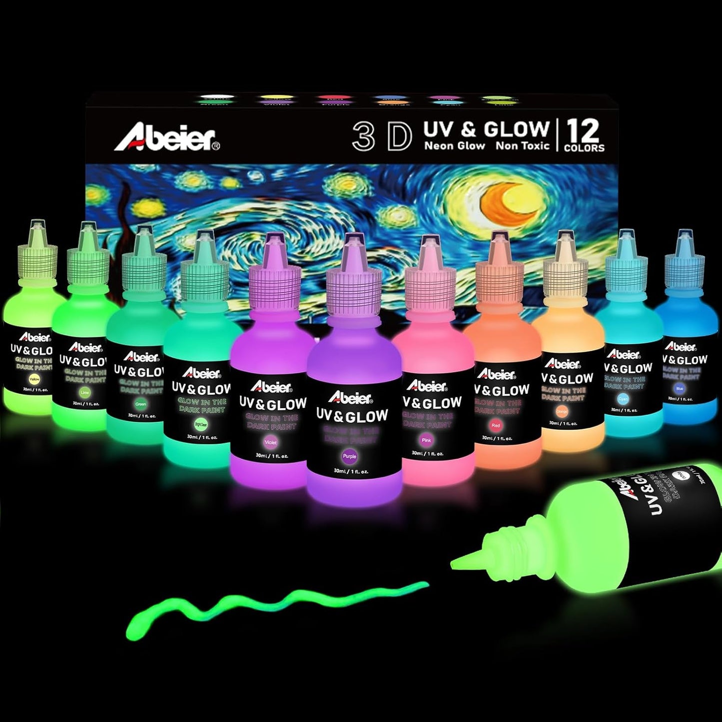 ABEIER Glow in the Dark Paint, 12 Colors (30ml/1oz) Blacklight Acrylic, Neon Craft, Long Lasting Glow Fluorescent Ideal for DIY Projects, Halloween, Easter, Christmas Decorations