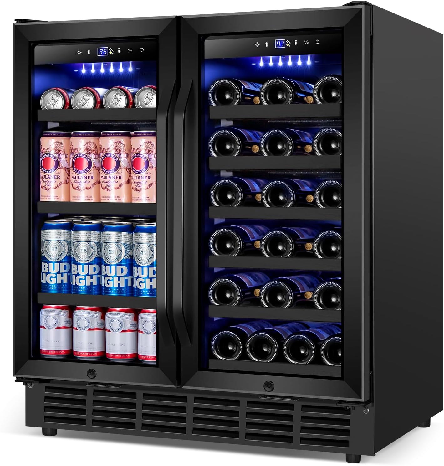 30 Inch Wine and Beverage Refrigerator, Upgrade Dual Zone Wine Cooler, 30'' Wine beverage Fridge Built in or Freestanding Under Counter Large Capacity Glass Door Advanced Cooling System,Black