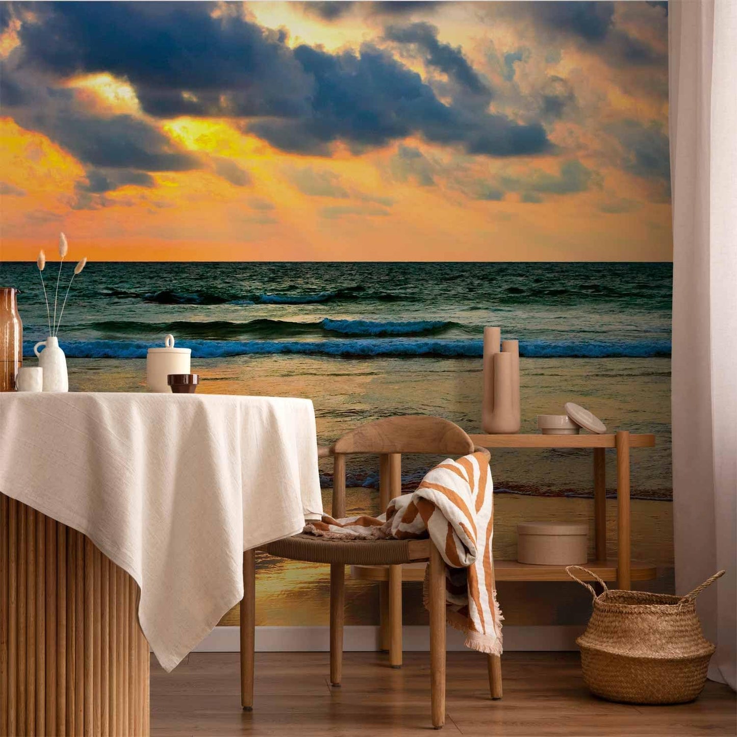 artgeist Wall Mural Nature 216x98 in - XXL Non-Woven Corner Wallpaper Fleece Angle Wall Decor Photo Print Picture Water Waves Birds Sunset Landscape c-B-10179-a-a