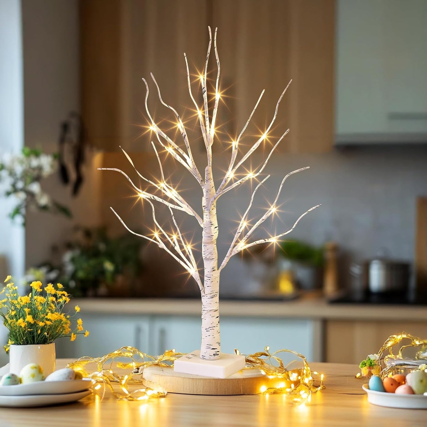 EAMBRITE Lighted Birch Tree Spring Decorations for Home, White Birch Tree with Lights, 24 LED Lighted Mini Money Tree Twig Tree Battery Operated with Timer, Christmas Indoor Centerpiece Decor (2FT)