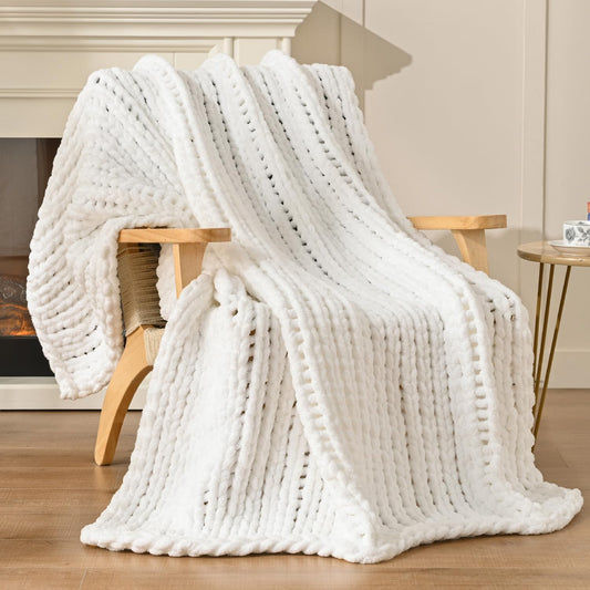 Esterra 100% Hand Knitted Chenille Throw Blanket, 50"x60", White, Polyester, Chunky Knit, Throw Blanket, 50x60 Inches