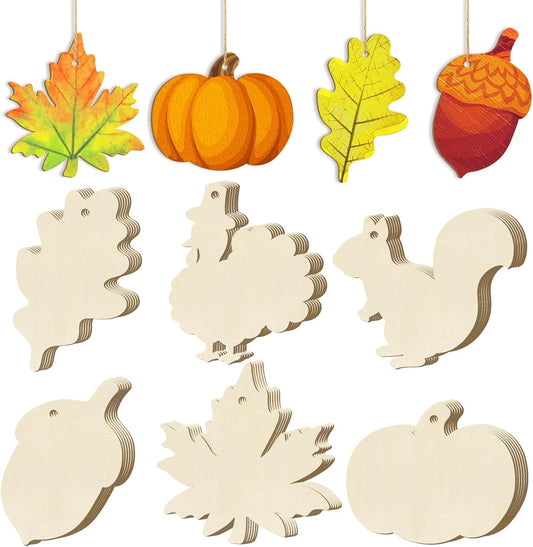 36PCS Wooden Fall Ornaments to Paint Thanksgiving Decorations, 6 Styles DIY Blank Autumn Unfinished Wood Maple Leaves Turkey Pumpkin Halloween Cutouts Ornament for Crafts Birthday Party Gifts Hanging