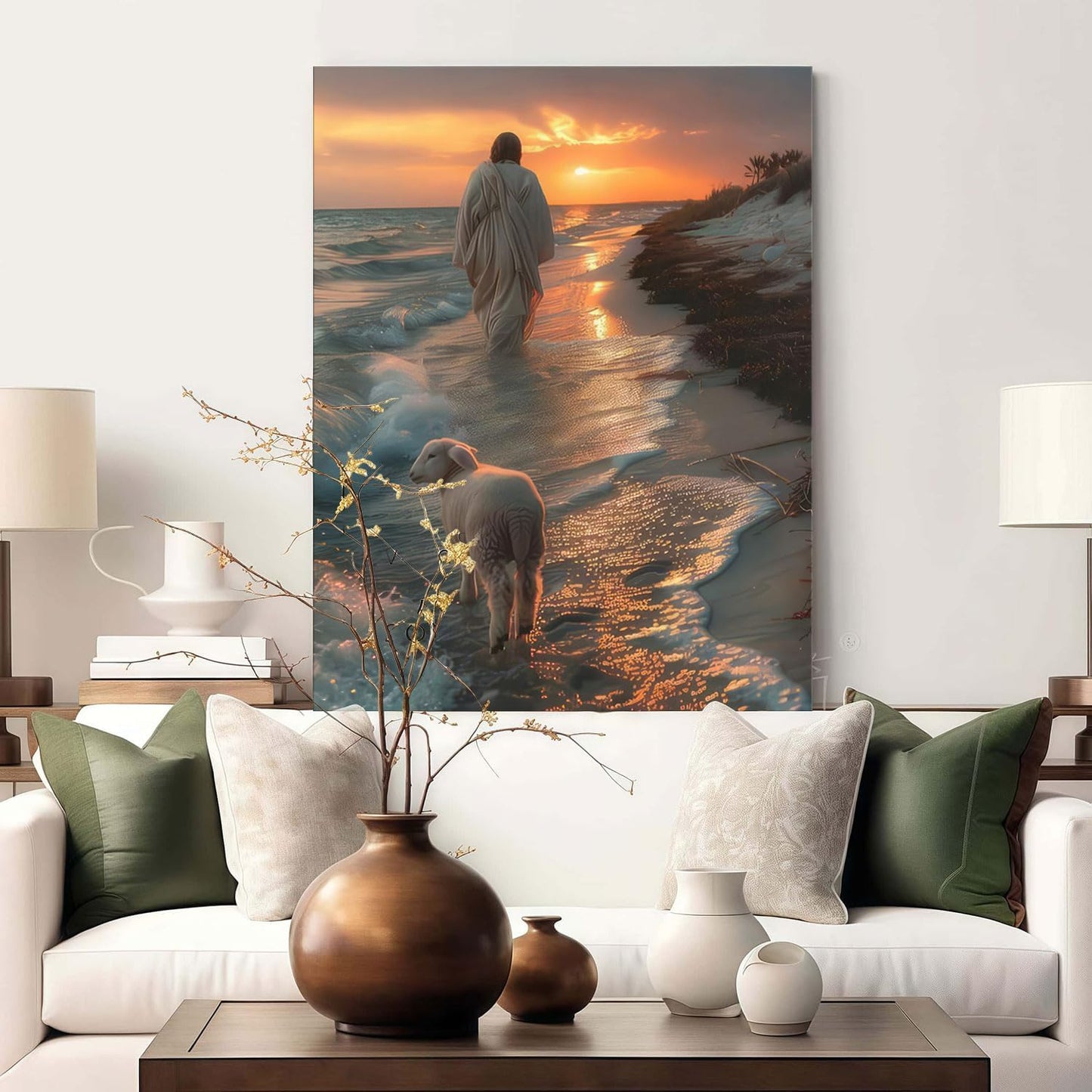 Framed Canvas Jesus and the Lamb Walking on the Beach Wall Decor Wall Art Gallery Decor Unique Print Wall Decor for Living Room Bedroom Church Home Decor 24x36 Inch Ready to Hang
