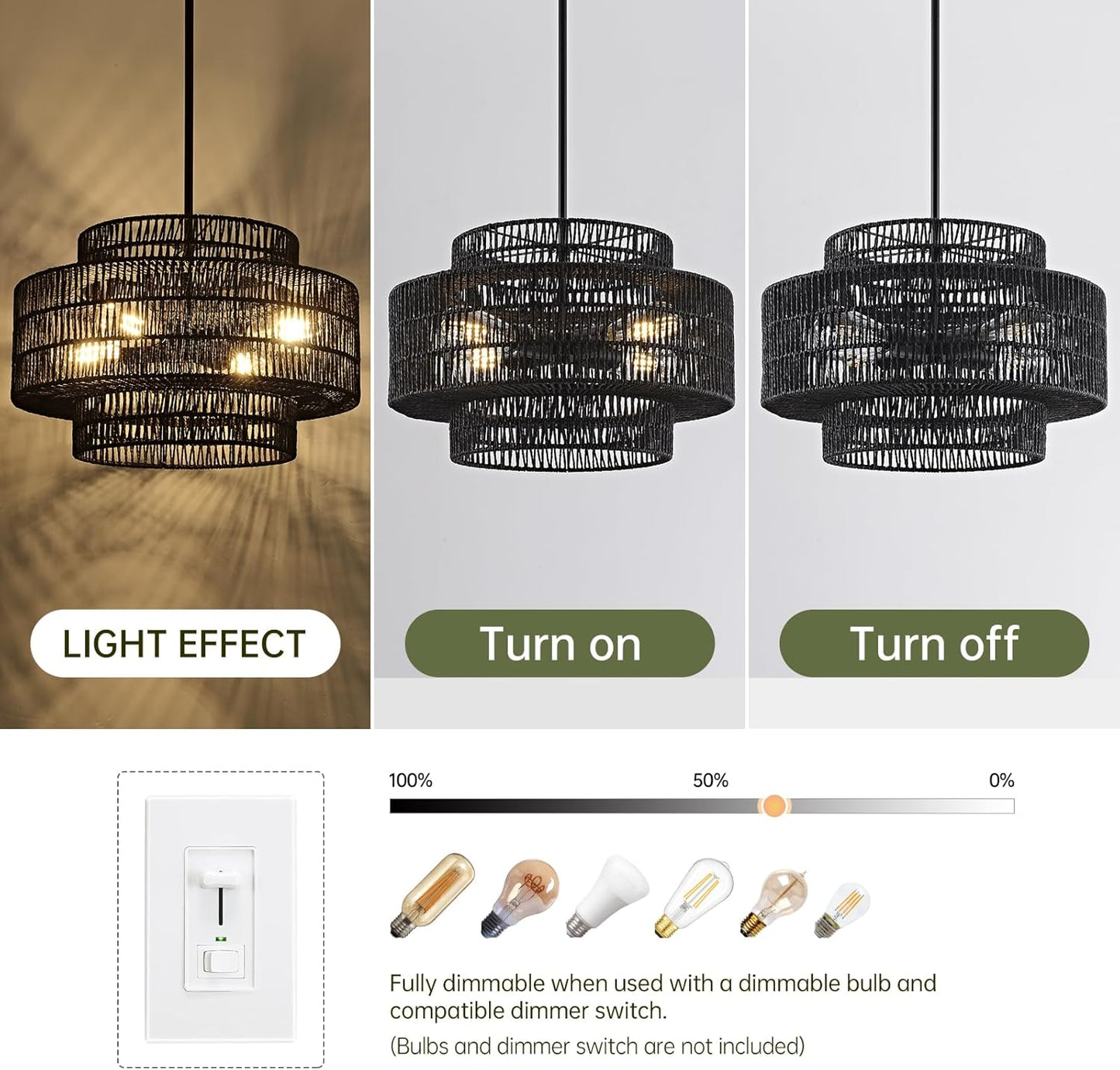 4-Light Black Boho Rattan Chandelier Light Fixture, 17.7” Hand Woven Rustic Chandeliers Farmhouse Chandelier Hanging Light for Dining Room Kitchen Island, Living Room, Foyer