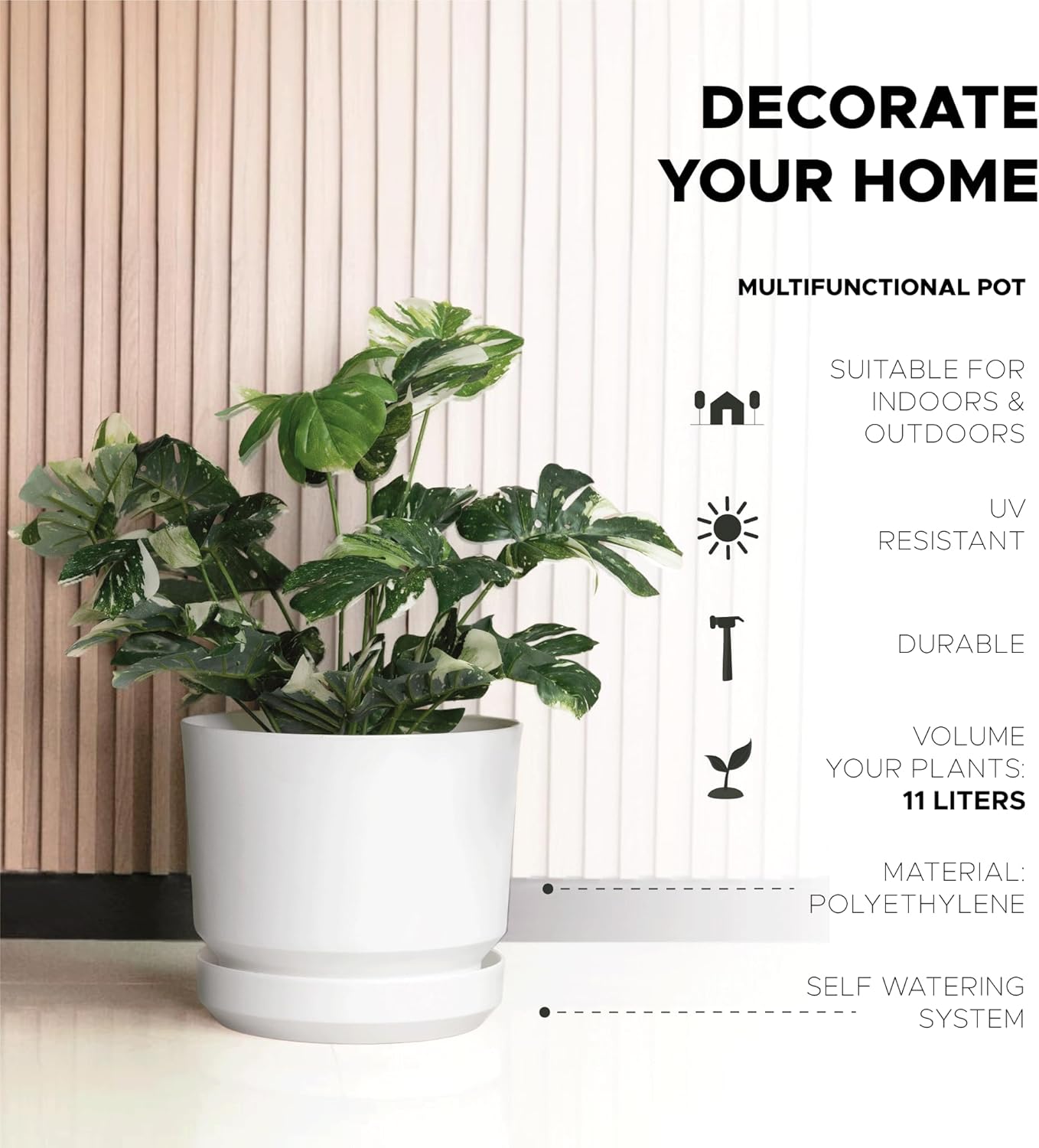 Elly Décor 12 inch Plastic Cylinder Planter Pot with Self-Watering Saucer and Drainage Hole,Lightweight & Extremely Durable, 12"x 12", White