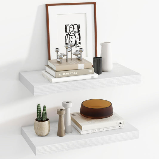 24 Inch Floating Shelves, 12 Inch Deep Floating Shelves for Wall, Floating Shelf with Invisible Brackets, Deep Shelves for Bathroom, Bedroom, Living Room, 2 Pack, White