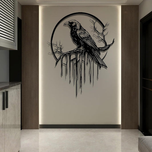 Crow Metal Wall Decor, Raven Wall Art, Large Gothic Raven Decor Hangings, Bird Wall Decor, Metal Tree Branch Decor, Ravens Sign, Raven Art for Living Room (Black, 35"x28" | 90x72cm, metal wall art)