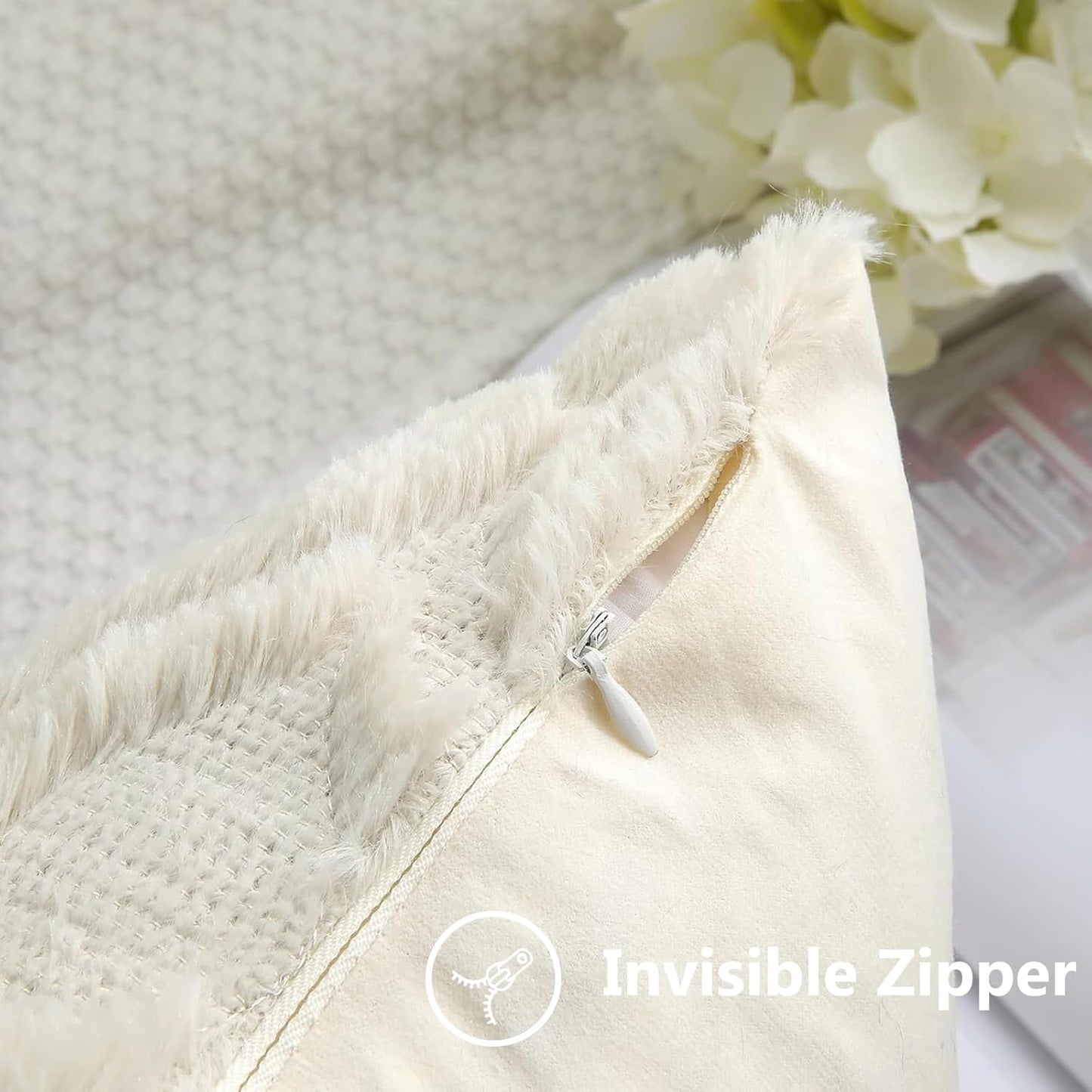 decorUhome Fall Throw Pillow Covers 22x22 Inch Set of 2, Soft Plush Decorative Faux Fur Beige Solid Couch Pillow Covers, Accent Farmhouse Neutral Square Euro Pillow Cases for Sofa Bed Living Room