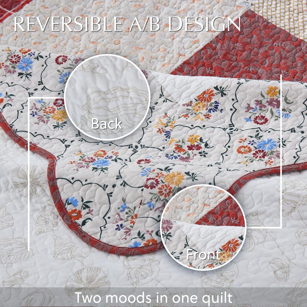 Cotton Bedspread Quilt Bedding Sets 3 Pieces Reversible Coverlet Sets Comforters Vintage Red White Rose Floral Patchwork Bedspread, King Size
