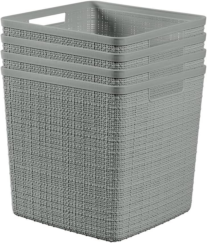 Curver Set of 4 Jute Large Cube Decorative Plastic Organization and Storage Baskets, Perfect Bins for Home Office, Closet Shelves, Kitchen Pantry and All Bedroom Essentials, Grey