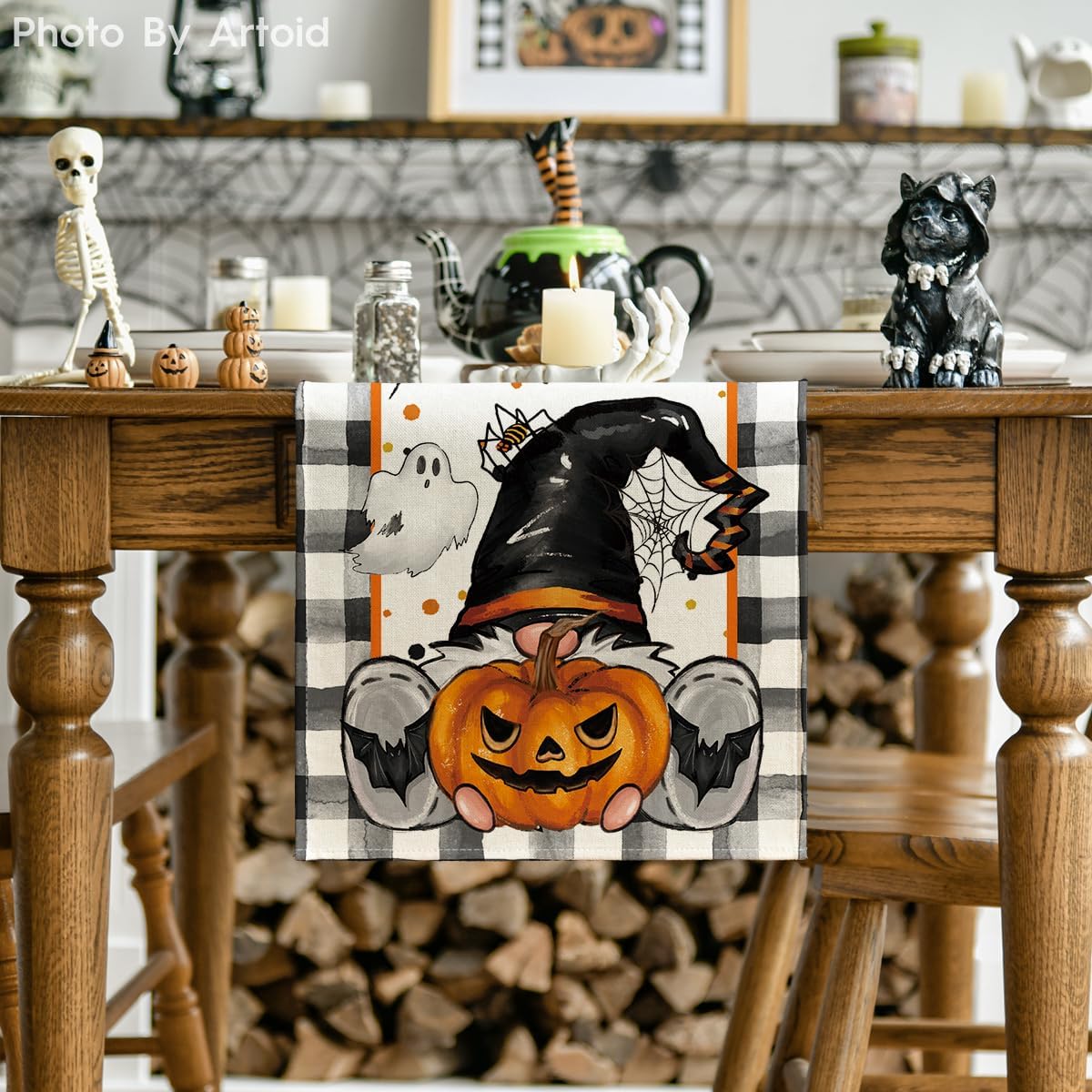 Artoid Mode Buffalo Plaid Gnome Bat Pumpkin Ghost Halloween Table Runner, Sensonal Kitchen Dining Table Decor for Home Party 13x60 Inch