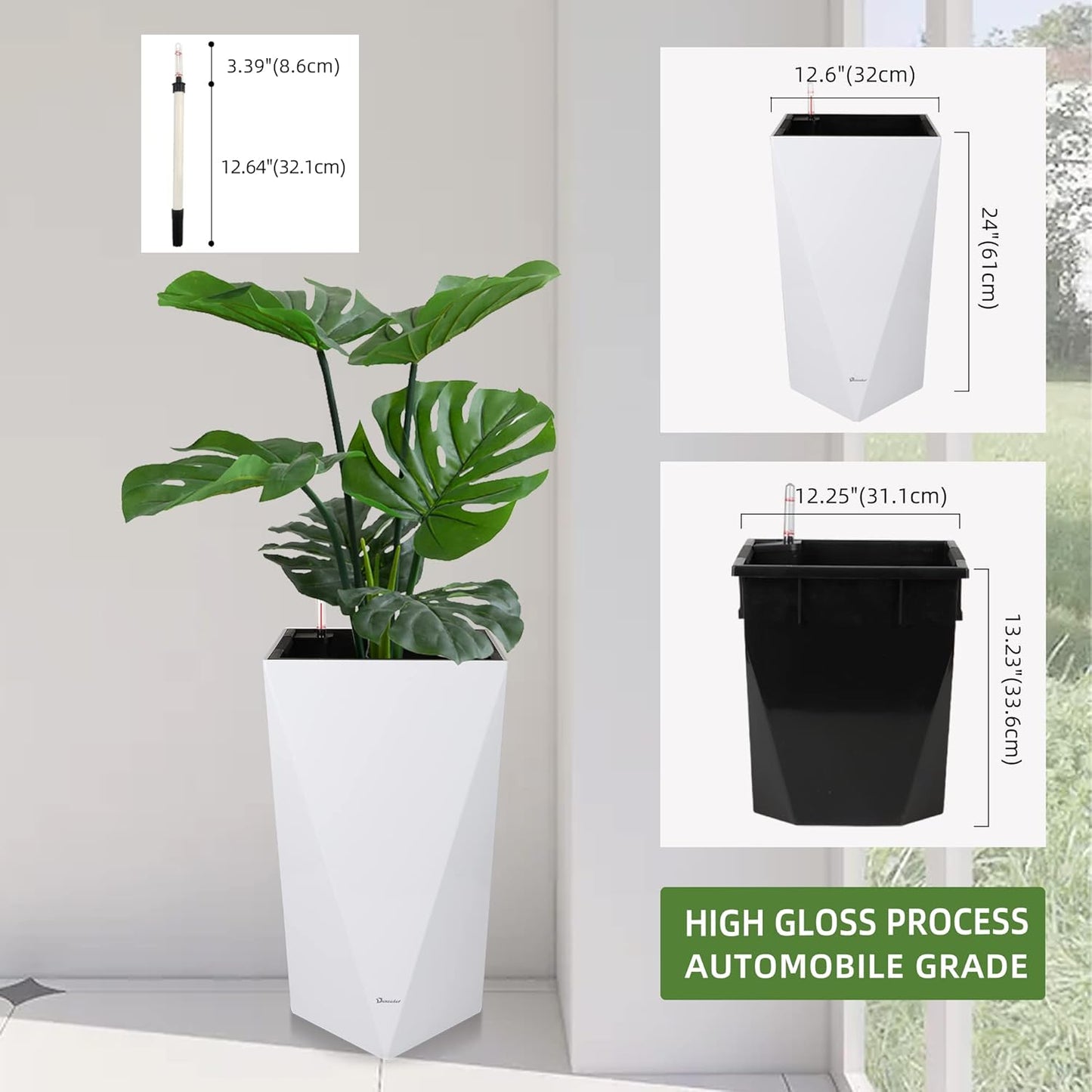 Dexceder 24 Inches Tall Self Watering Planter Diamond High Gloss Indoor Outdoor, Thickened Rhombus Large Floor Standing Flower Plant Pot with Water Level Indicator (White)