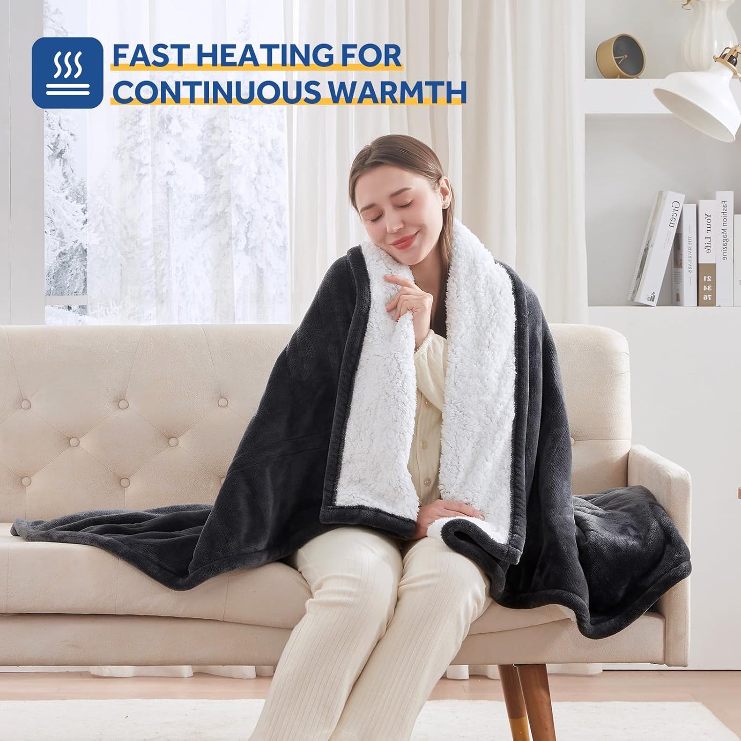 Sealy Electric Blanket Throw Size 50"*60",Super Cozy Flannel to Sherpa Reversible Heated Blanket Throw with 6 Heating Levels & 2-10 Hours Auto Off Overheating Protection Machine Washable,Charcoal