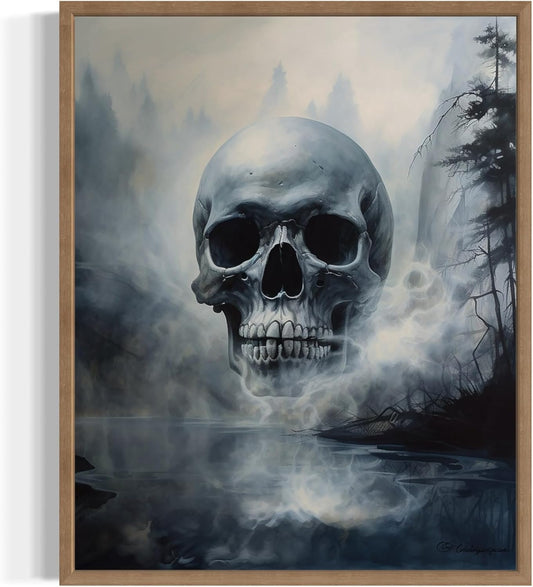 Foggy Skull Poster Art Print, Halloween Scary Vintage Wall Art Academia Spooky Painting Decoration for Horror Prints, Gothic Posters Bedroom Decor 89 (Foggy Skull, 16 x 20 inches, Wood Frame)