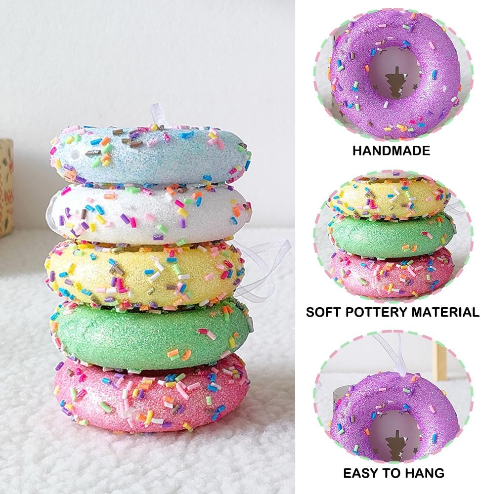 Donut ChristmasParty Decorations Ornaments, 6Pcs Hanging Christmas Tree Candy Ornament, Macaron Color Mini Dessert Donut Pendant Set for Xmas New Year Easter Birthday Home Party Supplies (Doughnut)