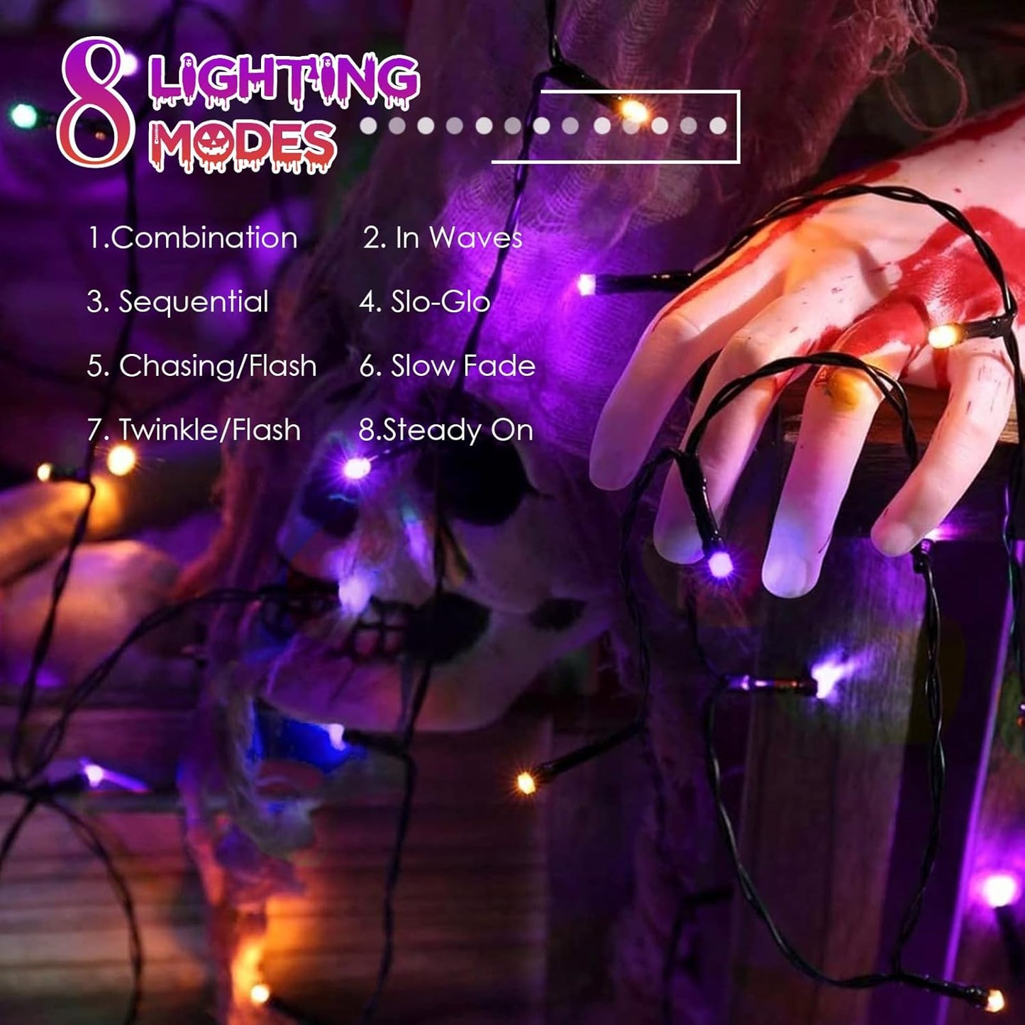 4pk Orange and Purple Solar Halloween Lights Outdoor Waterproof, 400LED 132FT Solar Powered LED String Lights Black Wire with 8 Modes, Solar Fairy Lights for Halloween Horror Party Tree Wedding Decor