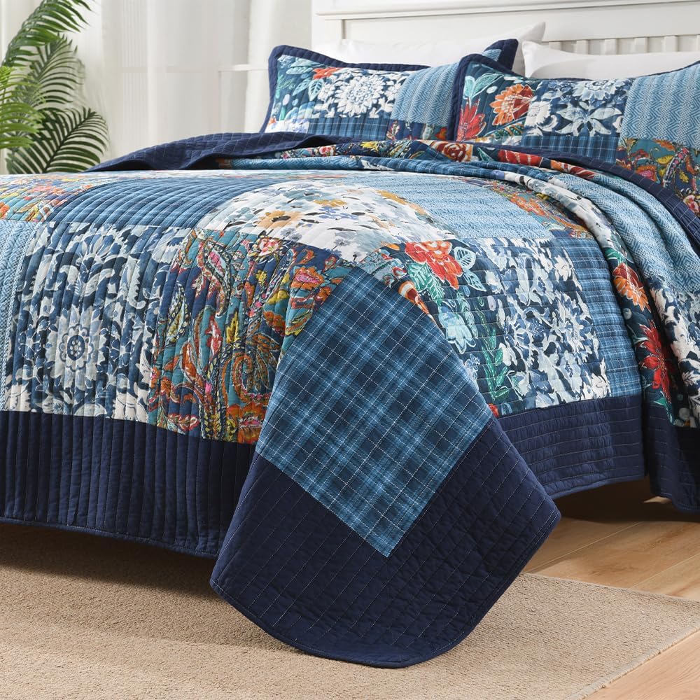 Autumn Dream Cotton Bedspread Quilt Sets Reversible Bedding Coverlet Sets, Luxury Vintage Paisley Floral Patchwork Blue Bedspread, Queen Size