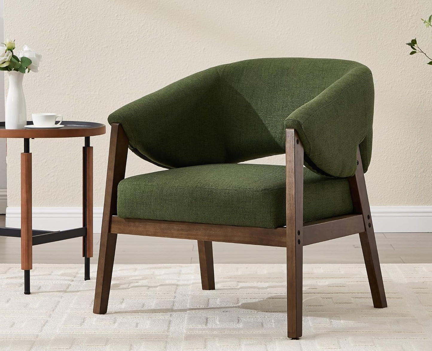 Mid-Century Modern Accent Chair, Comfy Barrel Armchair with Wide Seat, Upholstered Lounge Chair with Walnut Wood Legs for Living Room/Bedroom/Reading Corner, Linen Fabric, Deep Green, 1PC