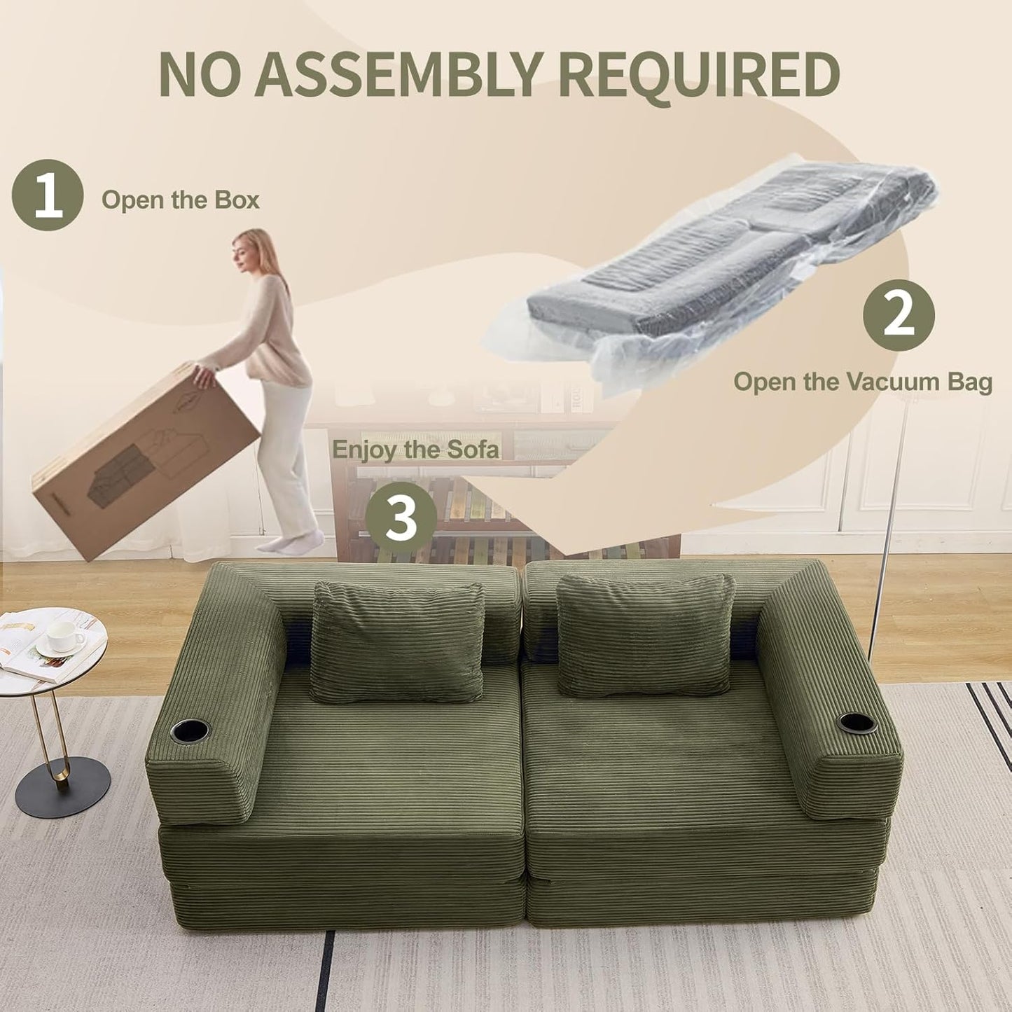 78" W Loveseat Sofa, 4 in 1 Convertible Floor Sofa Bed, Boneless Cloud Couch with Cup Holder, Fold Out Floor Couch, Loveseat Recliner Sleeper for Living Room Bedroom Lounge(Corduroy, White)