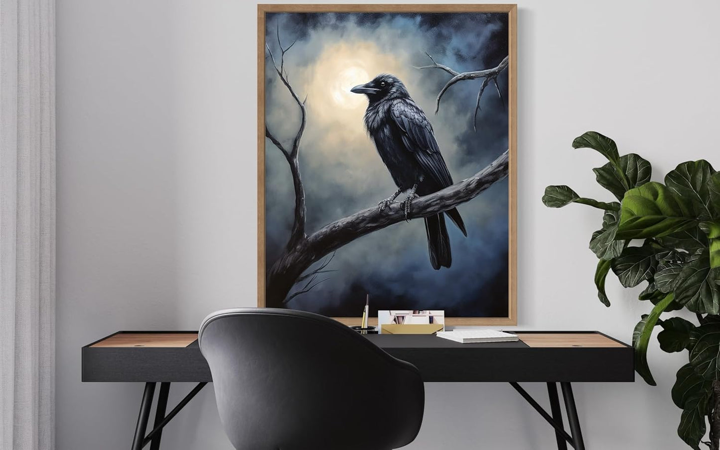 Crow under the Moonlight Poster Art Print, Halloween Scary Vintage Wall Art Academia Spooky Painting Decoration for Horror Prints, Gothic Posters Bedroom Decor 89 (Crow under the Moonlight, 8 x 10 inches, Wood Frame)