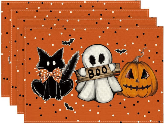 Artoid Mode Orange Polka Dot Ghost Pumpkin Cat Boo Halloween Placemats Set of 4, 12x18 Inch Seasonal Table Mats for Party Kitchen Dining Decoration