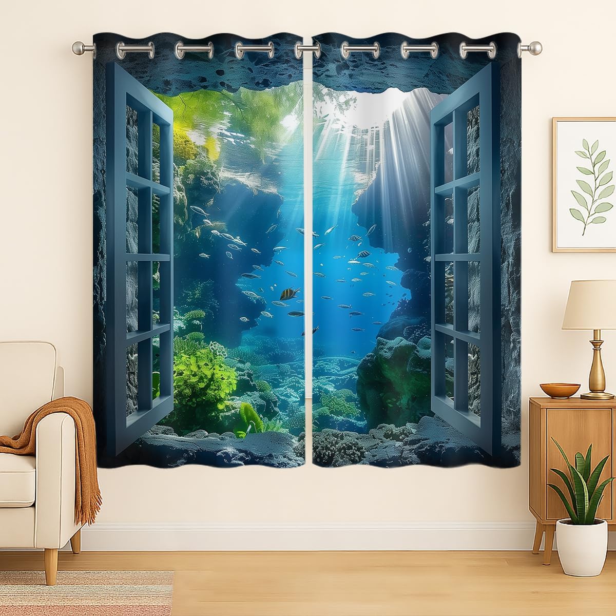 Ocean Fishs Blackout Curtains for Girls Boys Home Decor, Underwater Tropical Fish Undersea Coral Grommet Thermal Insulated Drapes Darkening Window Curtain for Bedroom Living Room, 72 x 63 Inch