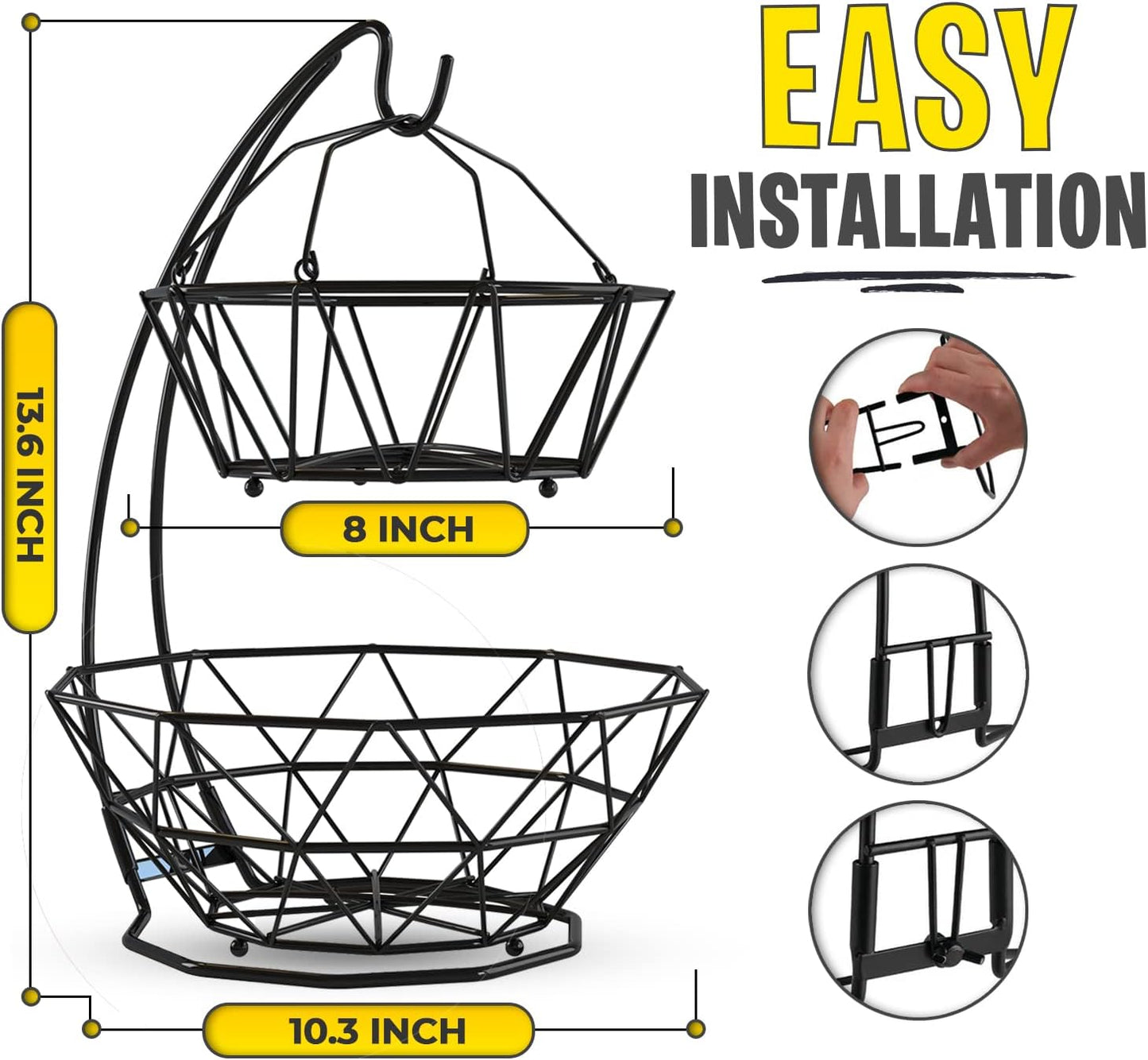 Fruit Basket with Banana Hanger and Fruit Bowl. Kitchen Counter Fruit Bowl with Banana Holder used as Bread, Vegetable or Produce Basket, Egg Holder, 2 Tier