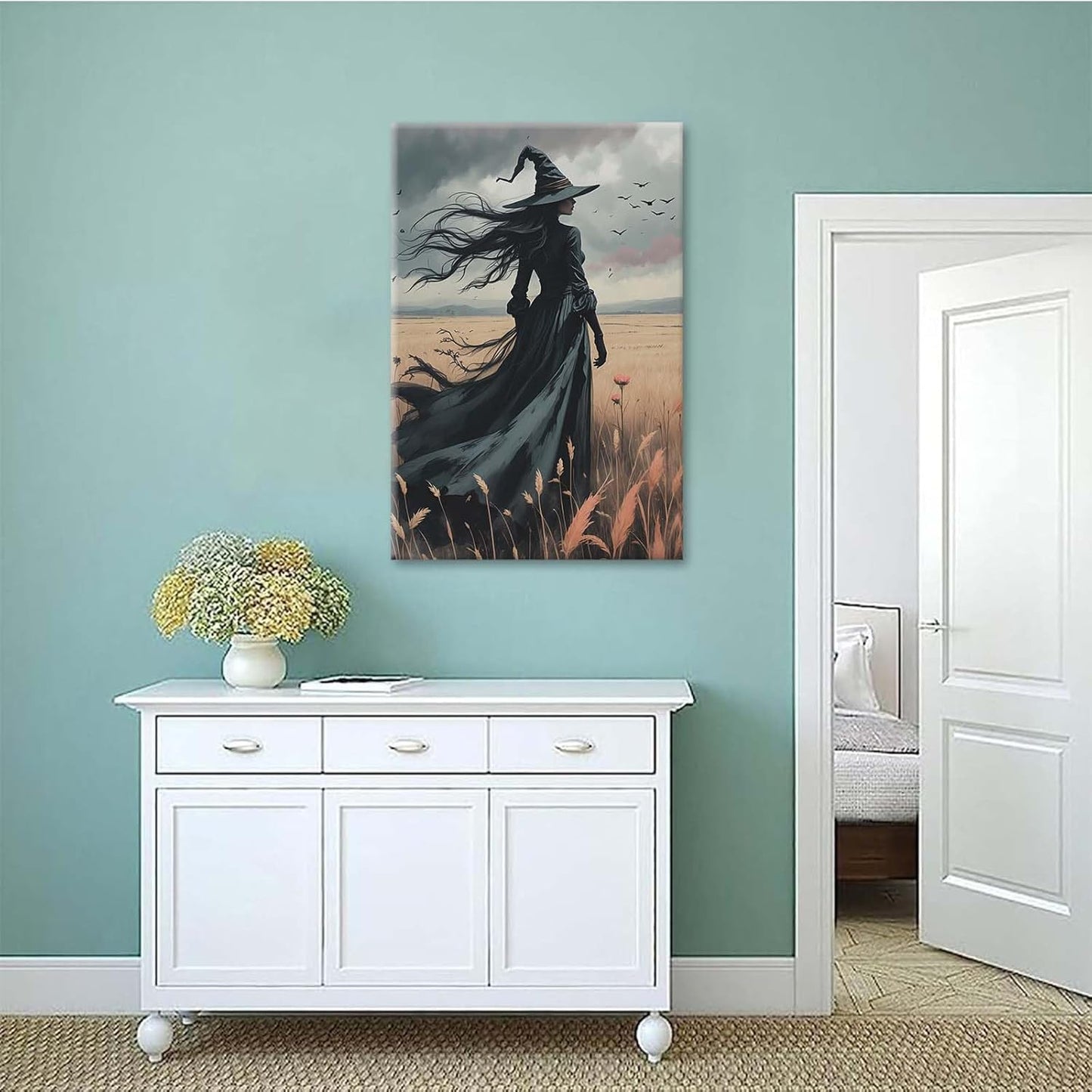 Gothic Decor Canvas Wall Art Witch in Rice Field Halloween Art Decor Print Nature Print Victorian Home Bedroom8x12in Wood Framed