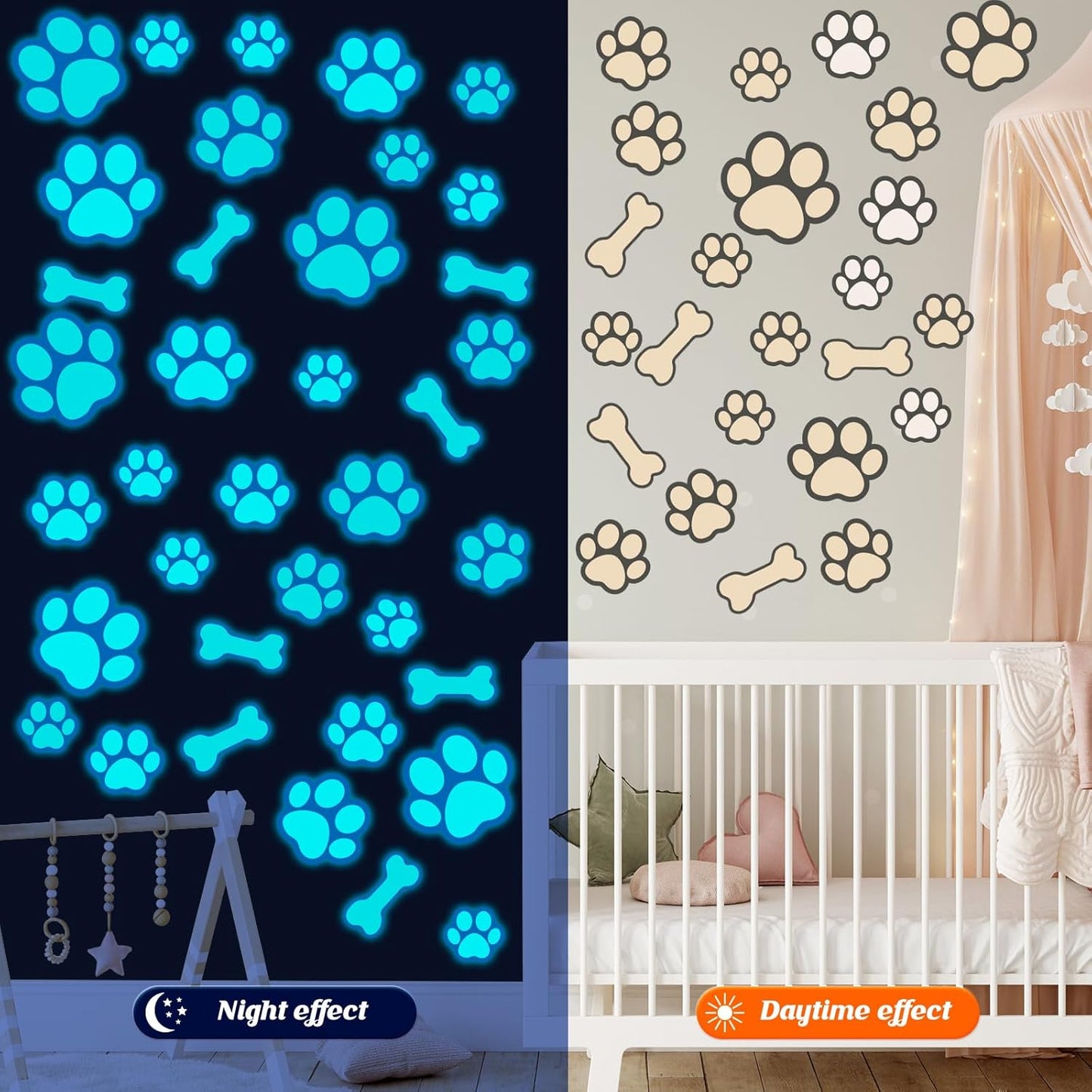 127 Glow in The Dark Dog Paw Stickers Luminous Removable Vinyl Wall Decals for Kids Nursery Bedroom(Blue Light)