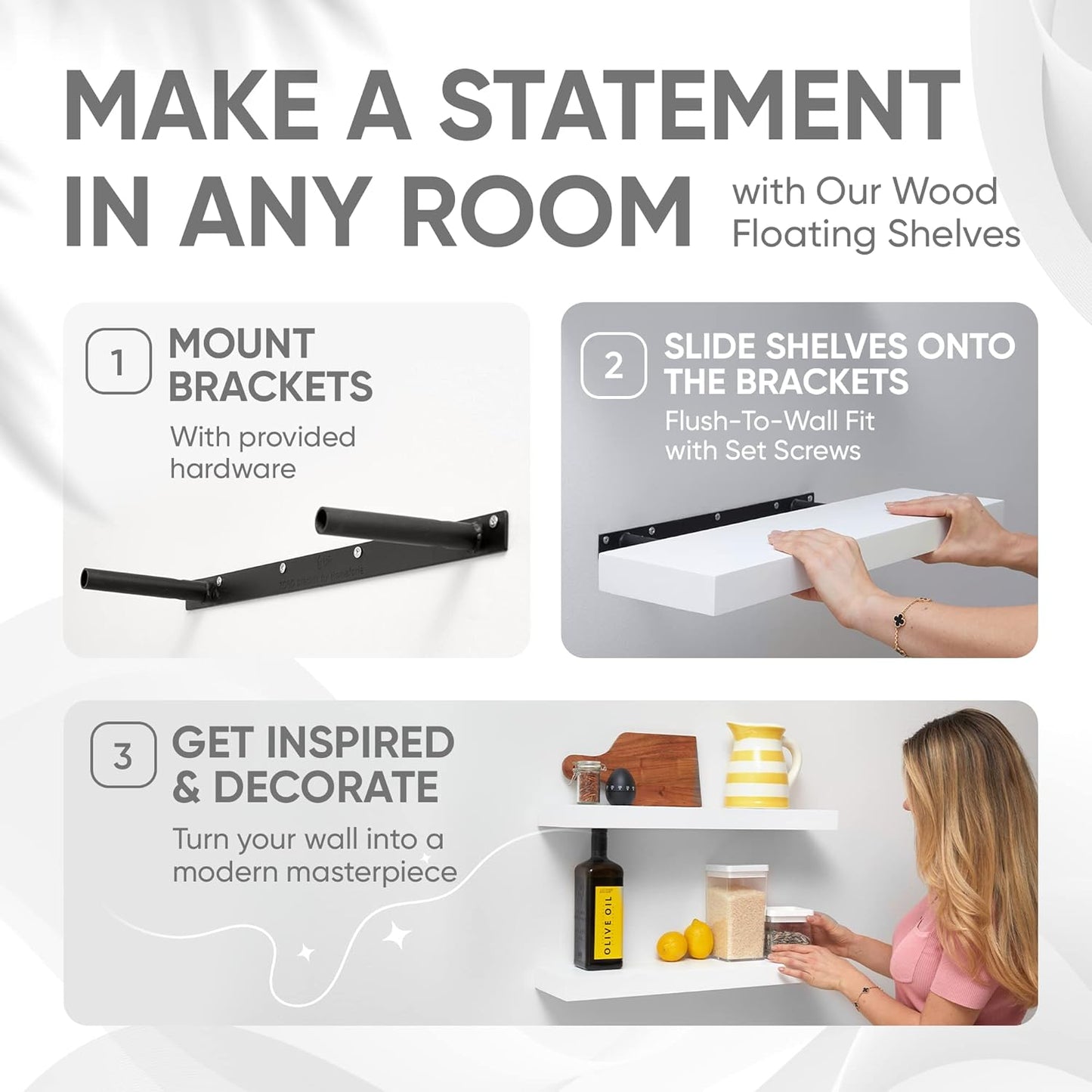 Homeforia White Floating Shelves 24 inch, High End Solid Real Wood 24inch Bathroom Floating Shelf for Wall Mounted, White Wooden 24in Floating Shelves, Heavy Duty Bracket, 24 X 6.5 X 1.75 in, Set of 2