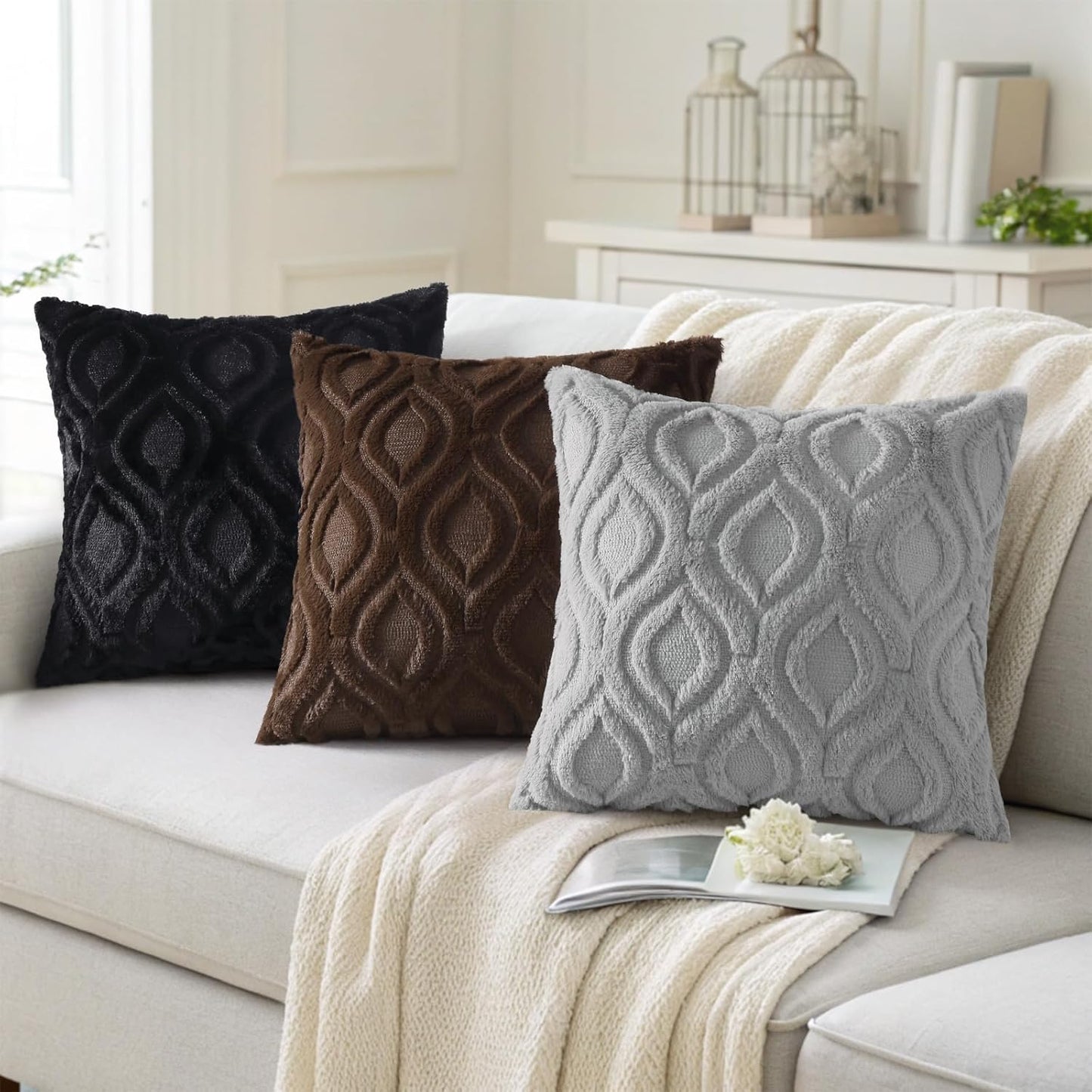 decorUhome Fall Throw Pillow Covers 16x16 Inch Set of 2, Soft Plush Decorative Faux Fur Black Solid Couch Pillow Covers, Accent Farmhouse Neutral Square Euro Pillow Cases for Sofa Bed Living Room