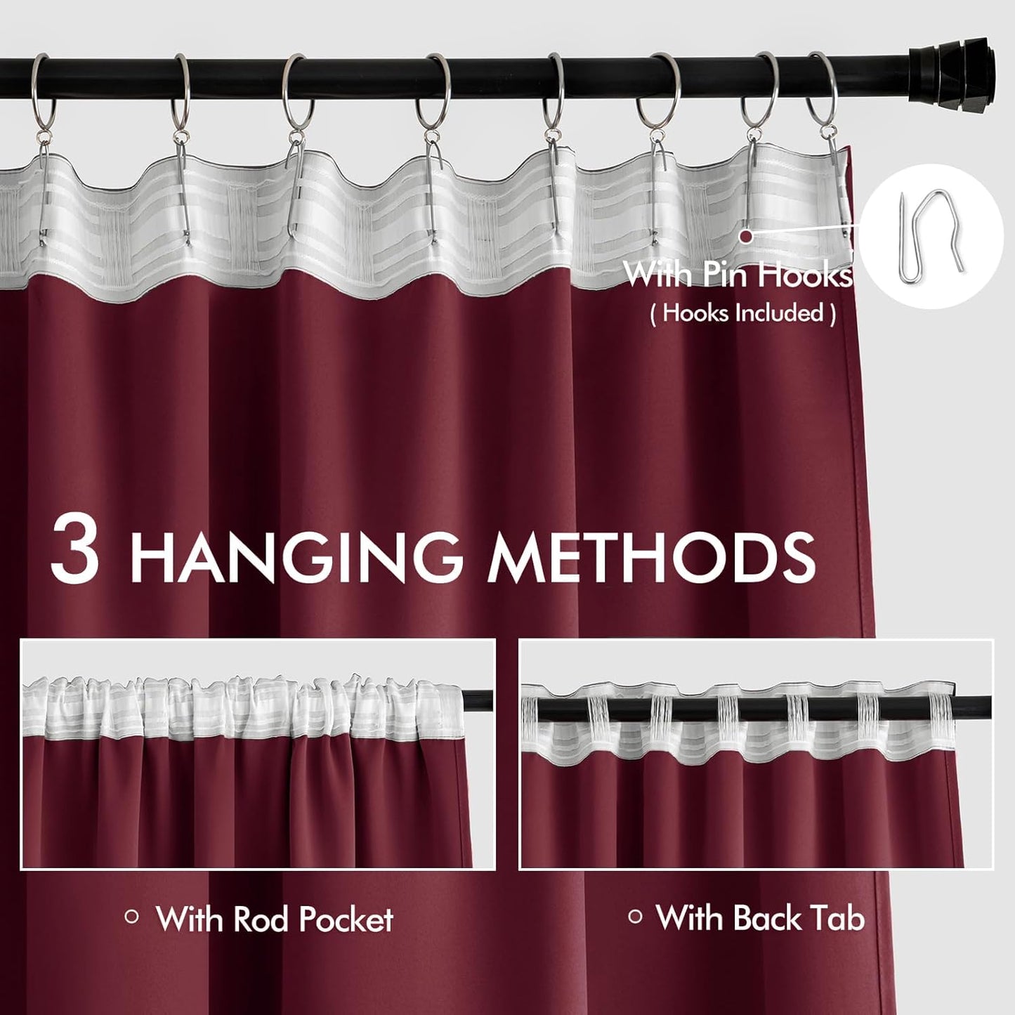 MIULEE Wine Red Back Tab Blackout Curtains 102 Inch Long 2 Panels Set for Bedroom, Rod Pocket/Pinch Pleated Thermal Insulated Living Room Darkening Light Blocking Floor to Ceiling Drapes