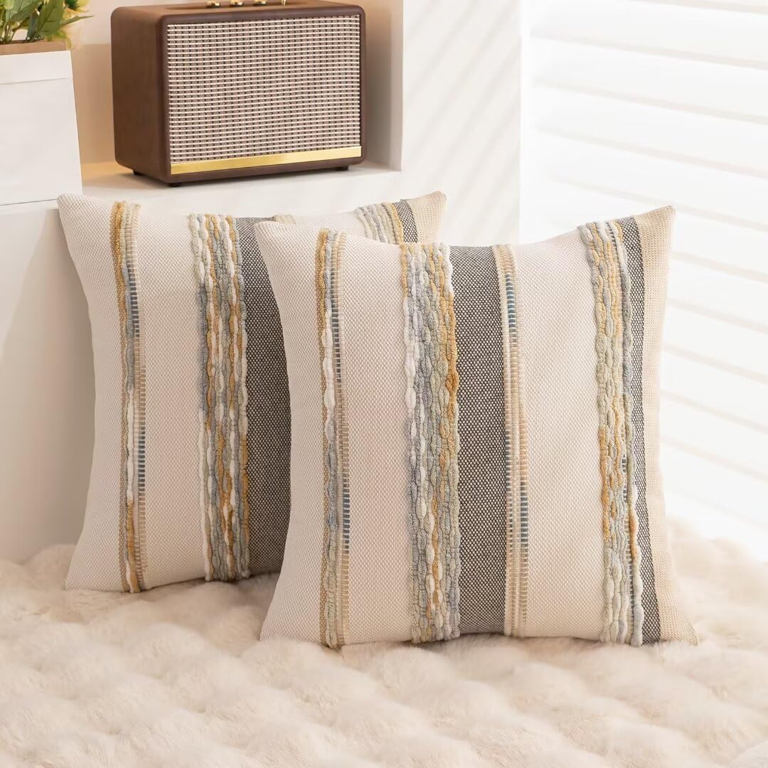 Boho Throw Pillow Covers 18x18 Set of 2 Farmhouse Decorative Cushion Case Striped Square Pillows Cover Chenille Pillow Cases Accent Neutral Pillowcase for Sofa Couch Bed,Orange-Gray