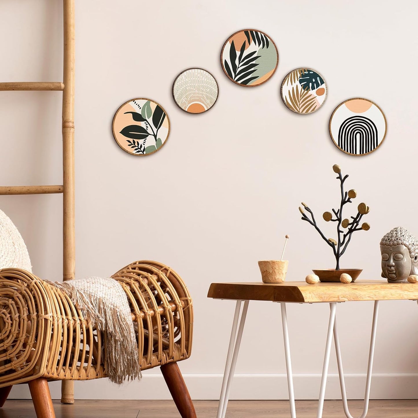 Qunclay 5 Pcs Wall Art Decor Wooden Living Room Wall Decor Bohemian Hanging Farmhouse Geometric 10'' and 8'' Aesthetic Wood Minimalist Posters for Bedroom(Boho, Leaf)