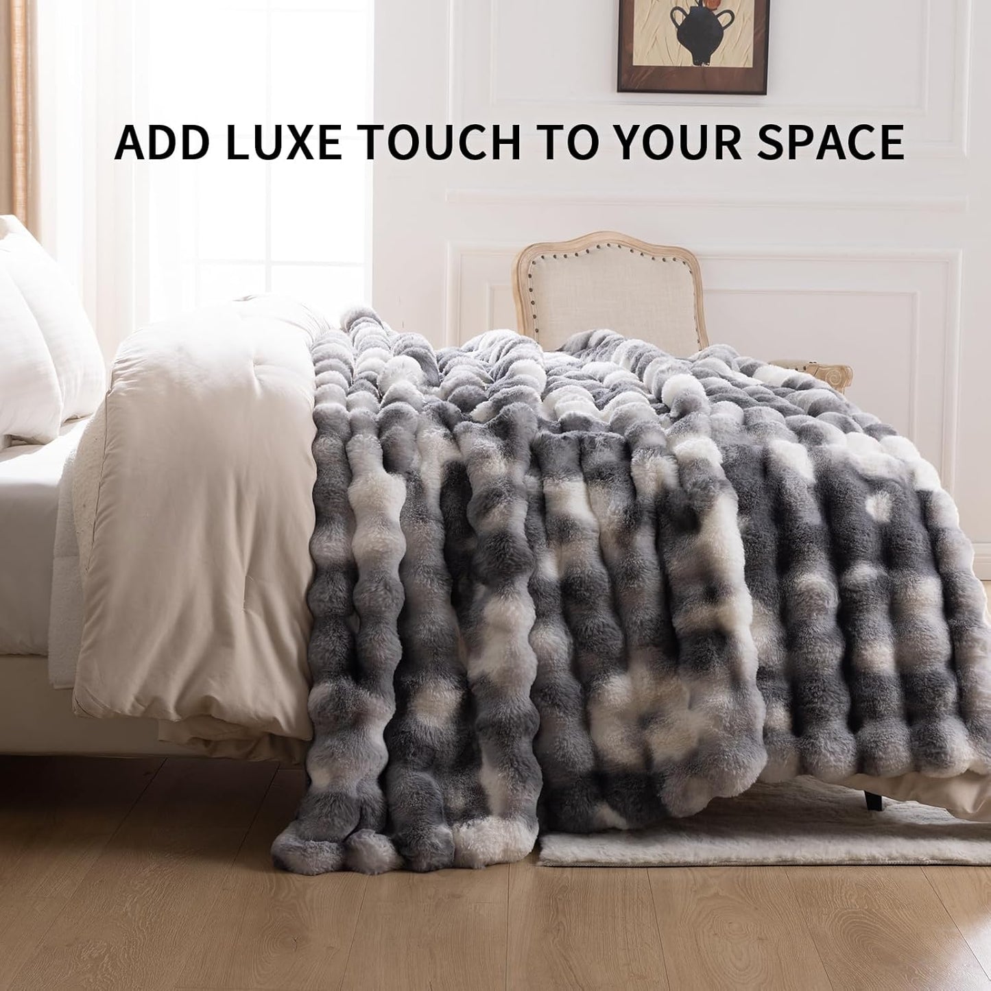 Cozy Faux Fur Throw Blanket for Bed-Warm Fuzzy Throw Blanket, Soft Plush Thick Bubble Blankets for Bedroom and Living Room, Furry Luxury Blanket, 90 x 108,Tie-Dye Grey