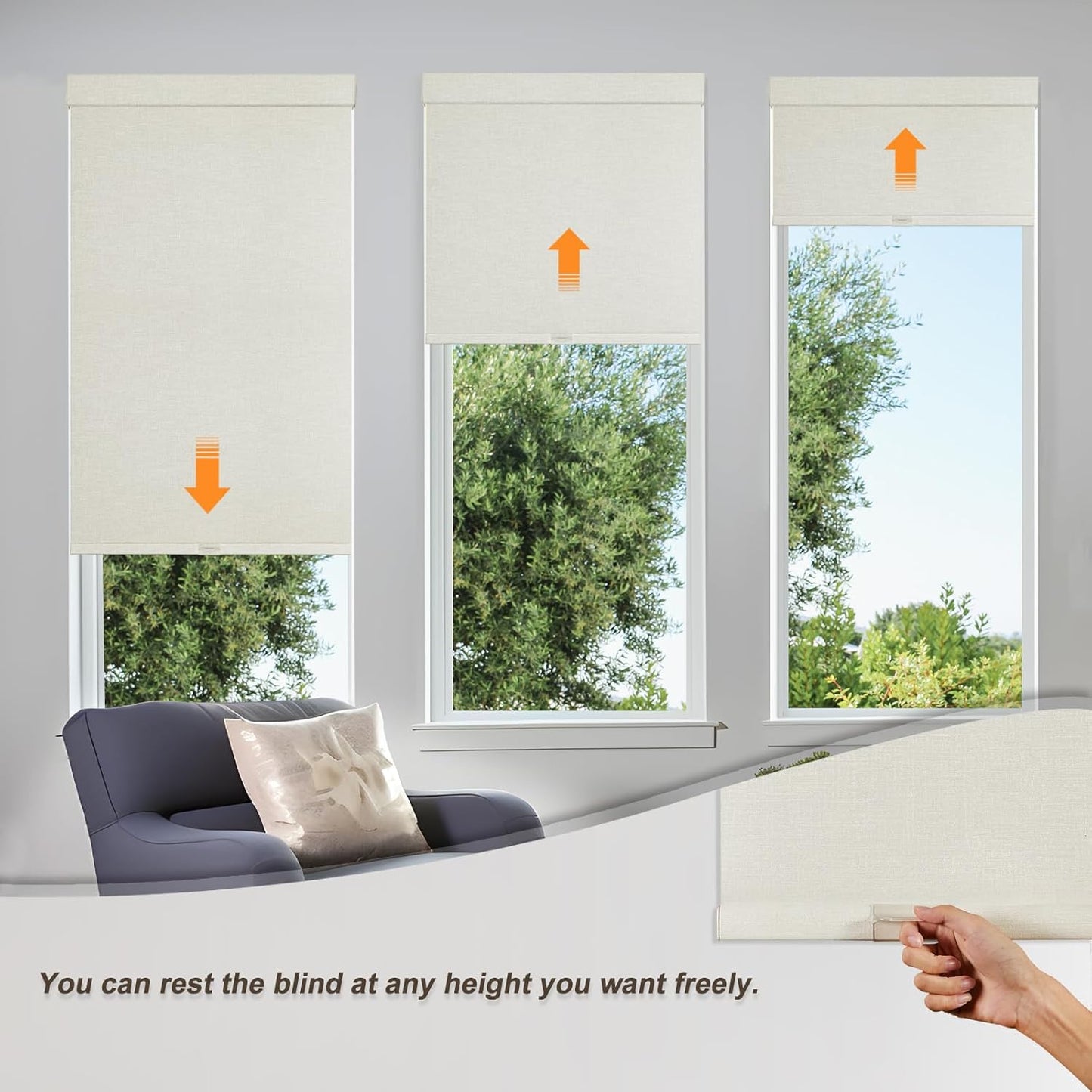 Persilux Blackout Shades for Windows Cordless Roller Blinds, Roller Windows Shades for Home with Fabric Attached Valance, UV Protections Easy Installation for Door/Office, Limestone(65" W x 84" H)