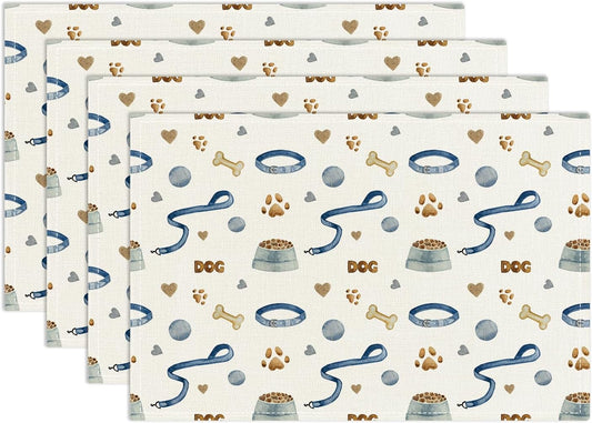 Dog Paw Print Placemats Set of 4, Puppy Pets Themed Table Mat for Home Kitchen, Restaurants, Outdoor Linen Washable Place Mats 12x18 inch Party Event Dining Decoration-08