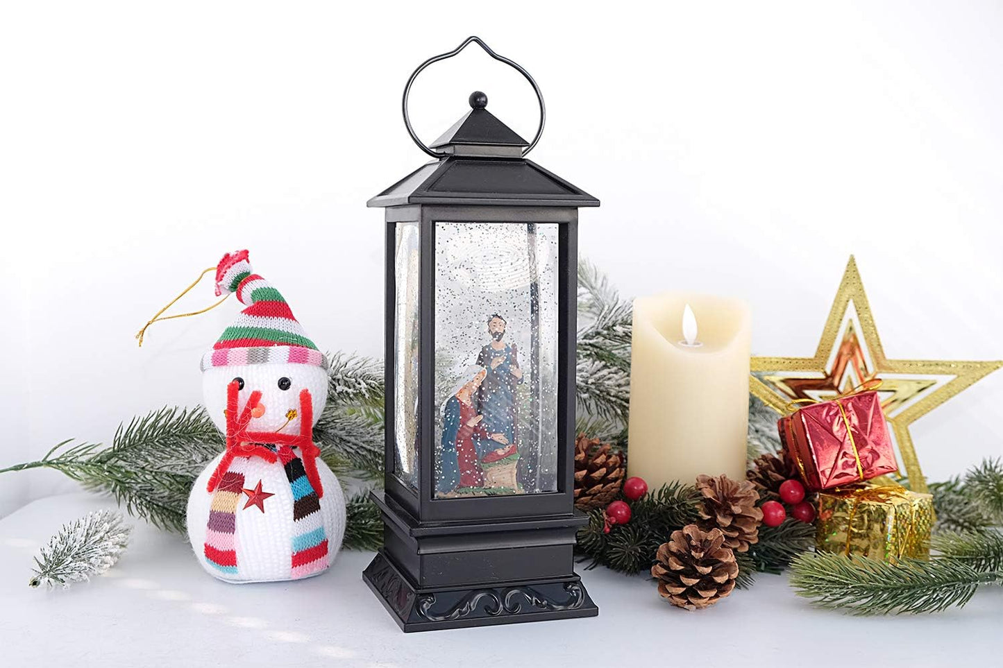 Eldnacele Musical Snow Globe Lantern Lighted Lamp USB Lined in Swirling Glitter Water Lantern Lamp Christmas Nativity Decoration Hurrican Light Timer 12" (Nativity)
